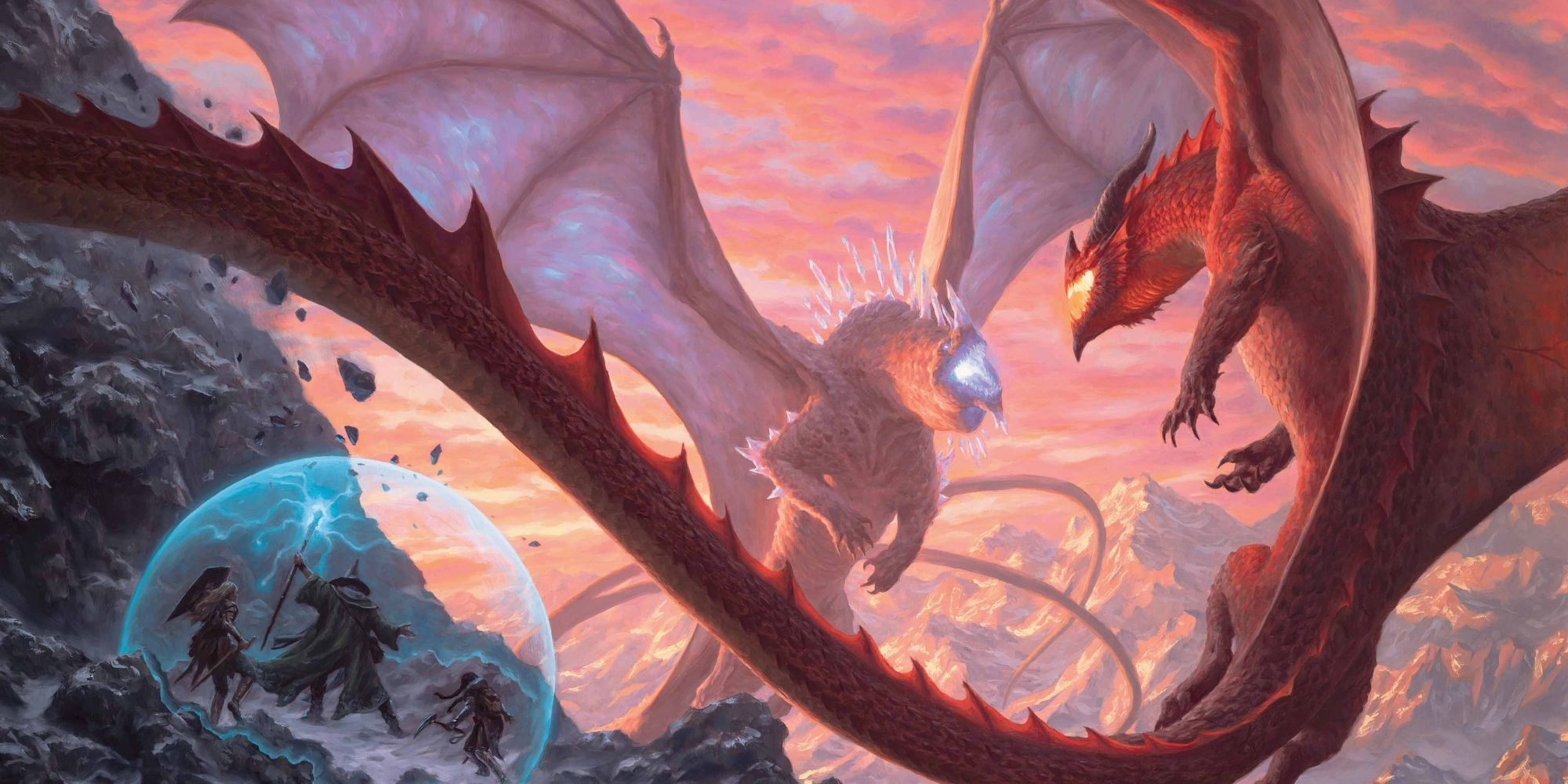 D&D Fizban's Tresury Of Dragons Cover Art of a wizard casting a shield as two dragons fight above the party.