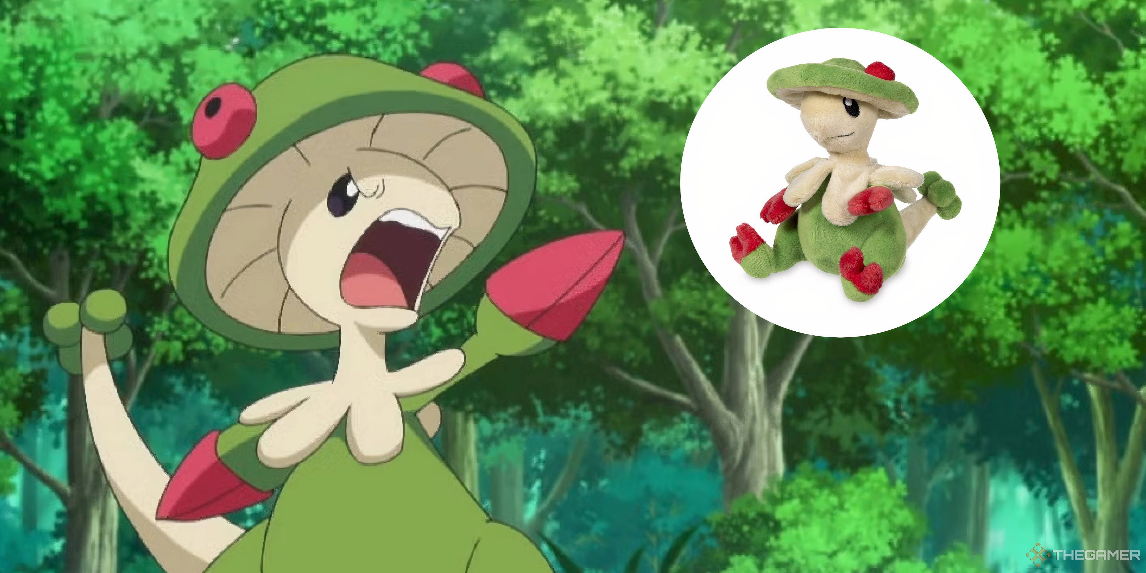 breloom angrily pointing at a breloom sitting cuties plush.