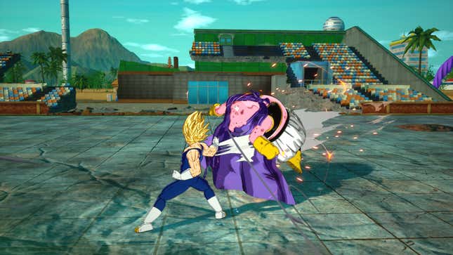 Majin Vegeta lands a heavy punch to Majin Buu from behind.