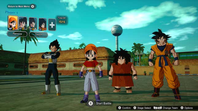 The character select screen shows a full DP team with Pan, Goku, Vegeta, and Yajirobe.