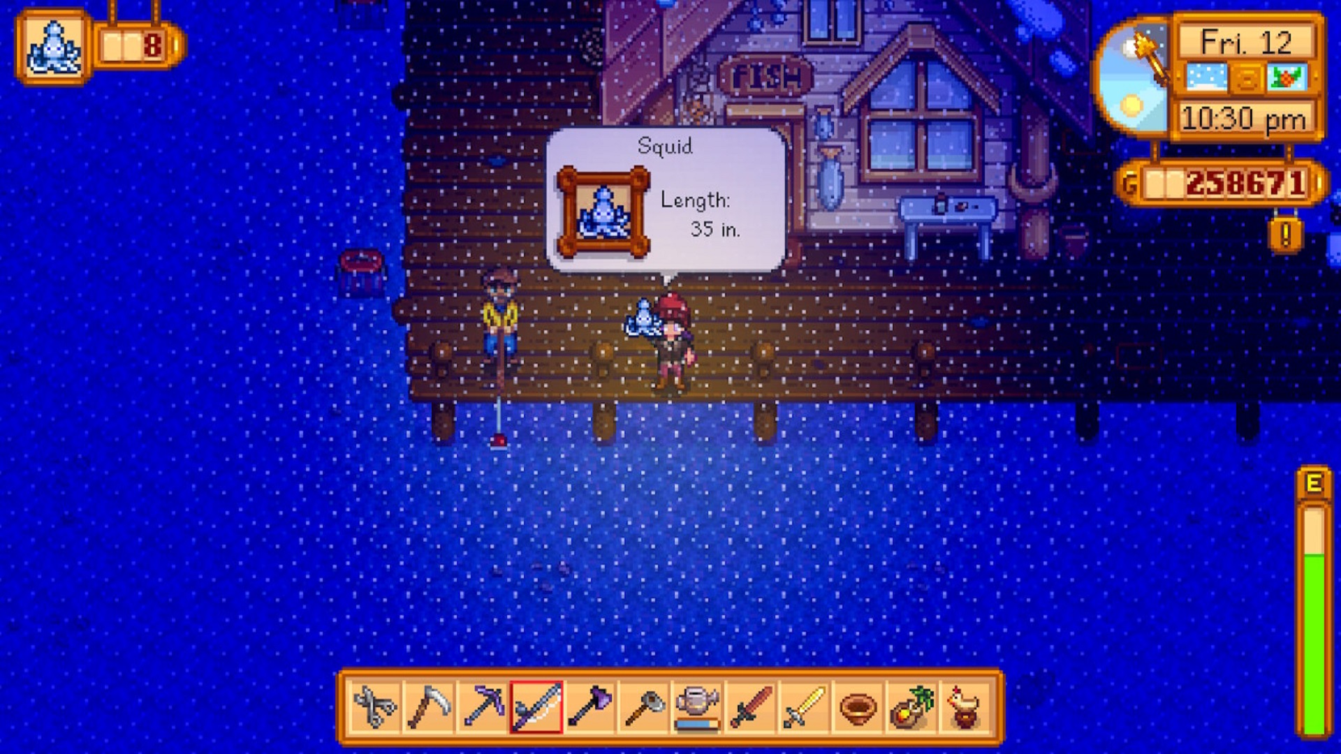 Stardew Valley screenshot of the farmer catching a squid as snow falls during the SquidFest