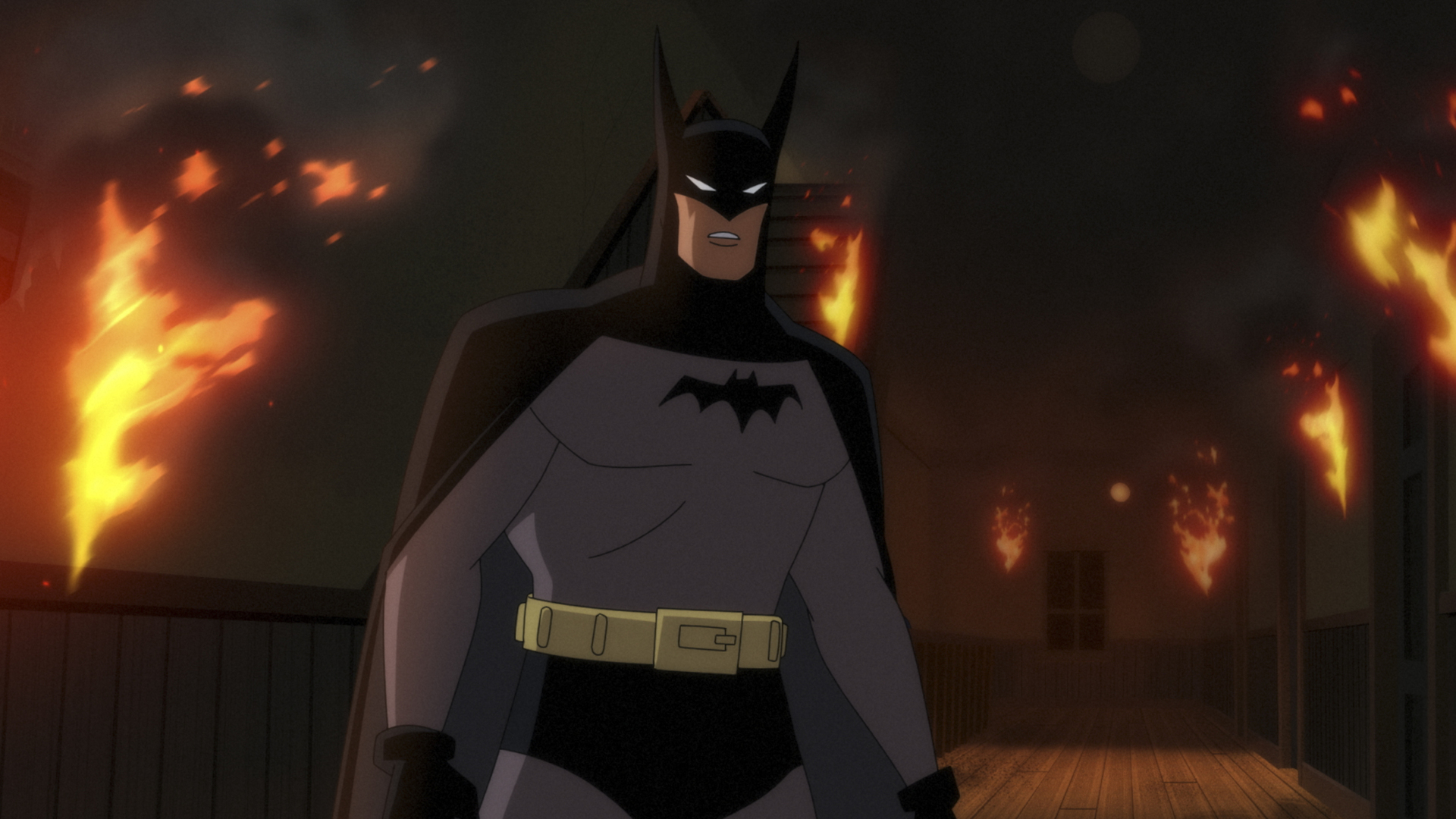 Batman standing in a burning building during the Amazon Prime show, Batman: Caped Crusader.