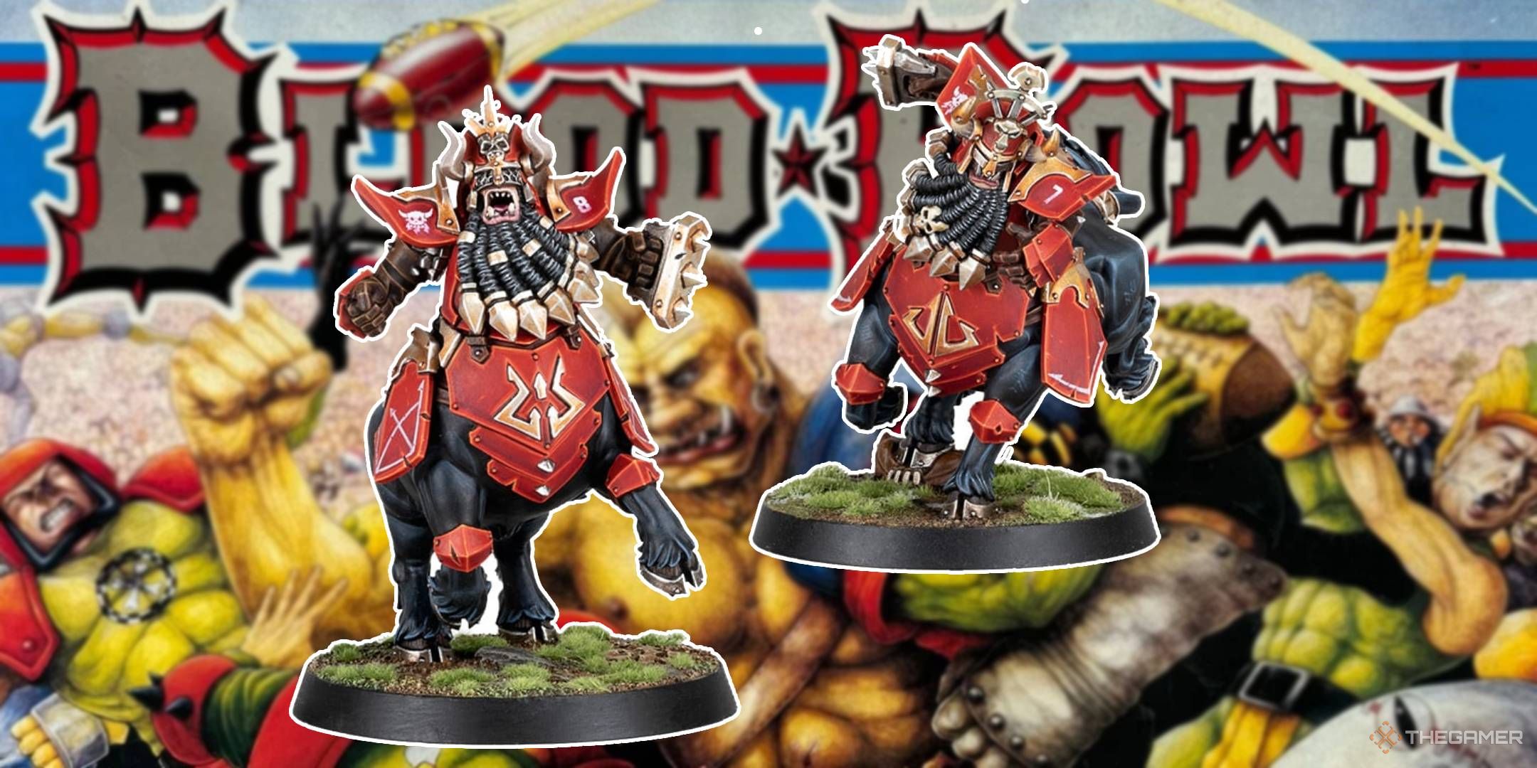 Blood Bowl Chaos Dwarf Bull Centaurs over a blurred image of a Blood Bowl box