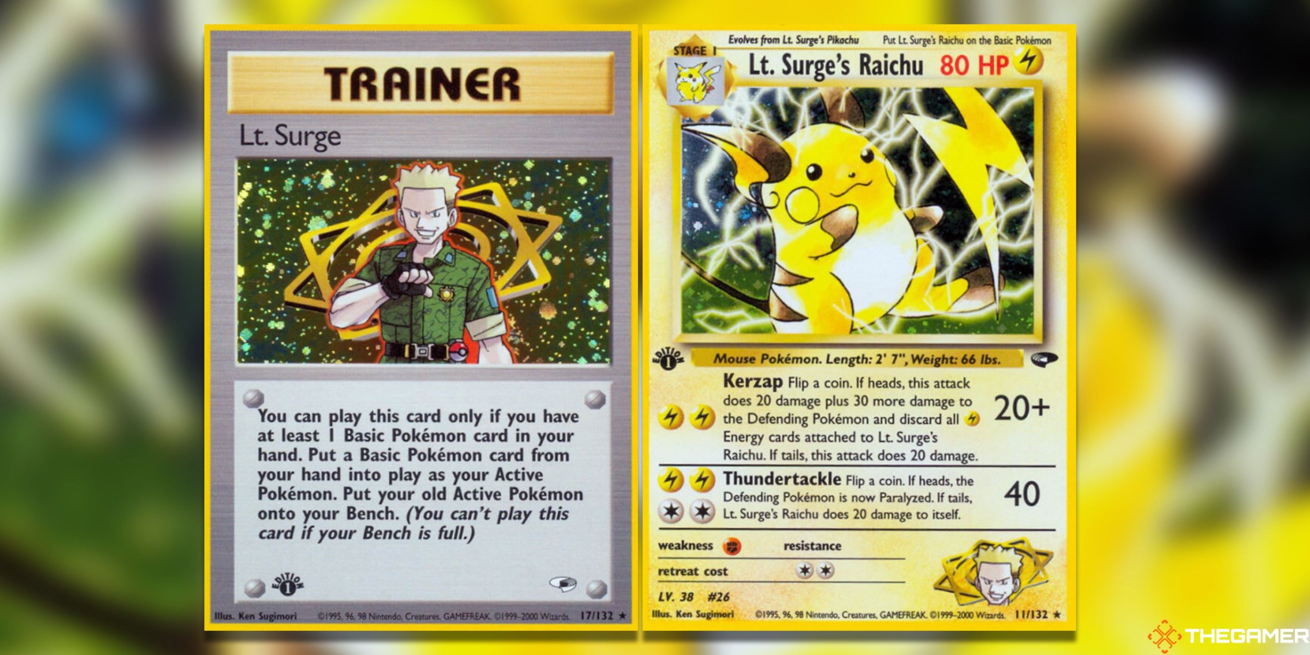 Lt. Surge from Gym Heroes and Lt. Surge's Raichu from Gym Challenge in the Pokemon TCG.