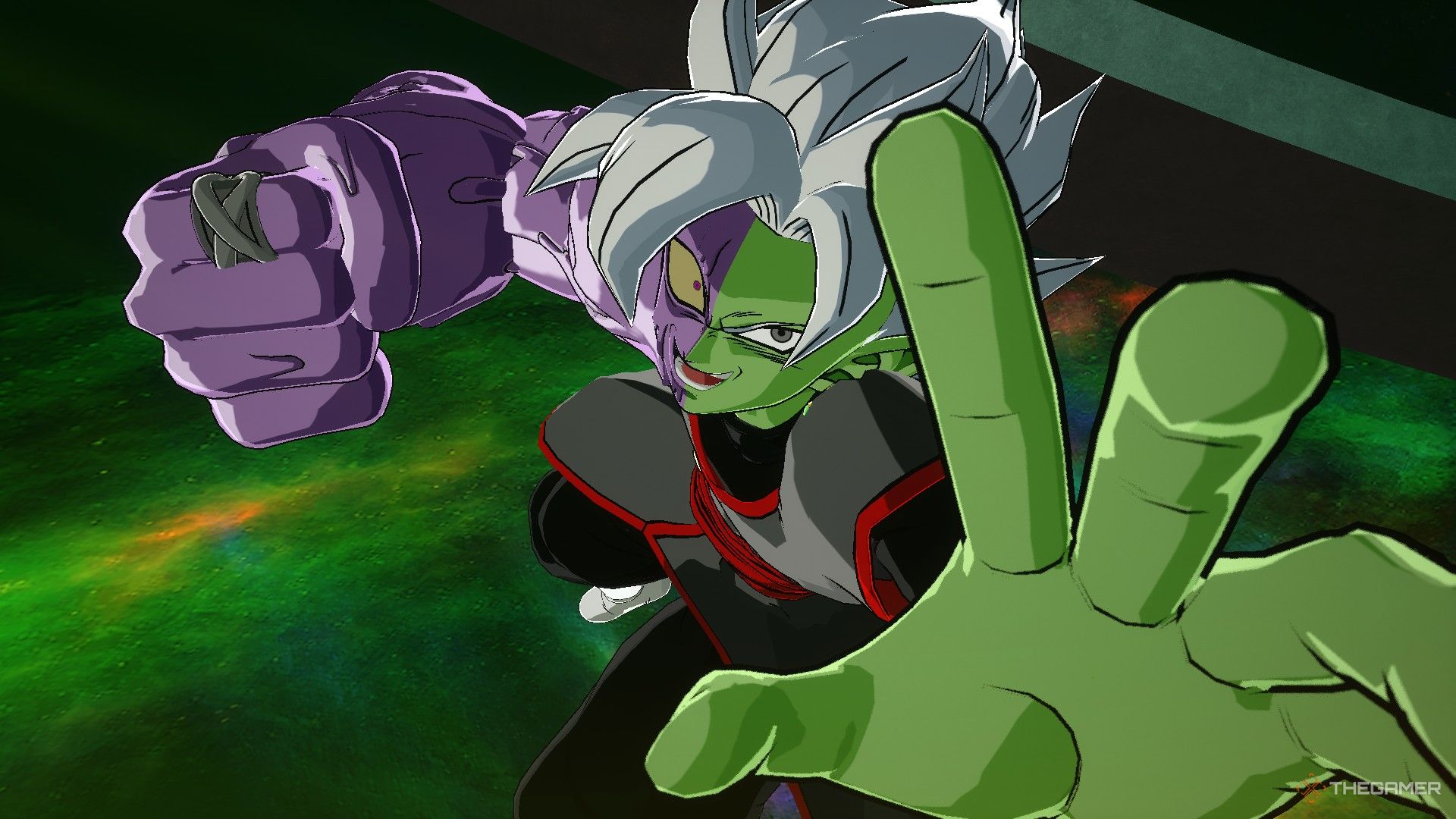 Dragon Ball Sparking Zero image showing Fused Zamasu while half corrupted about to attack.