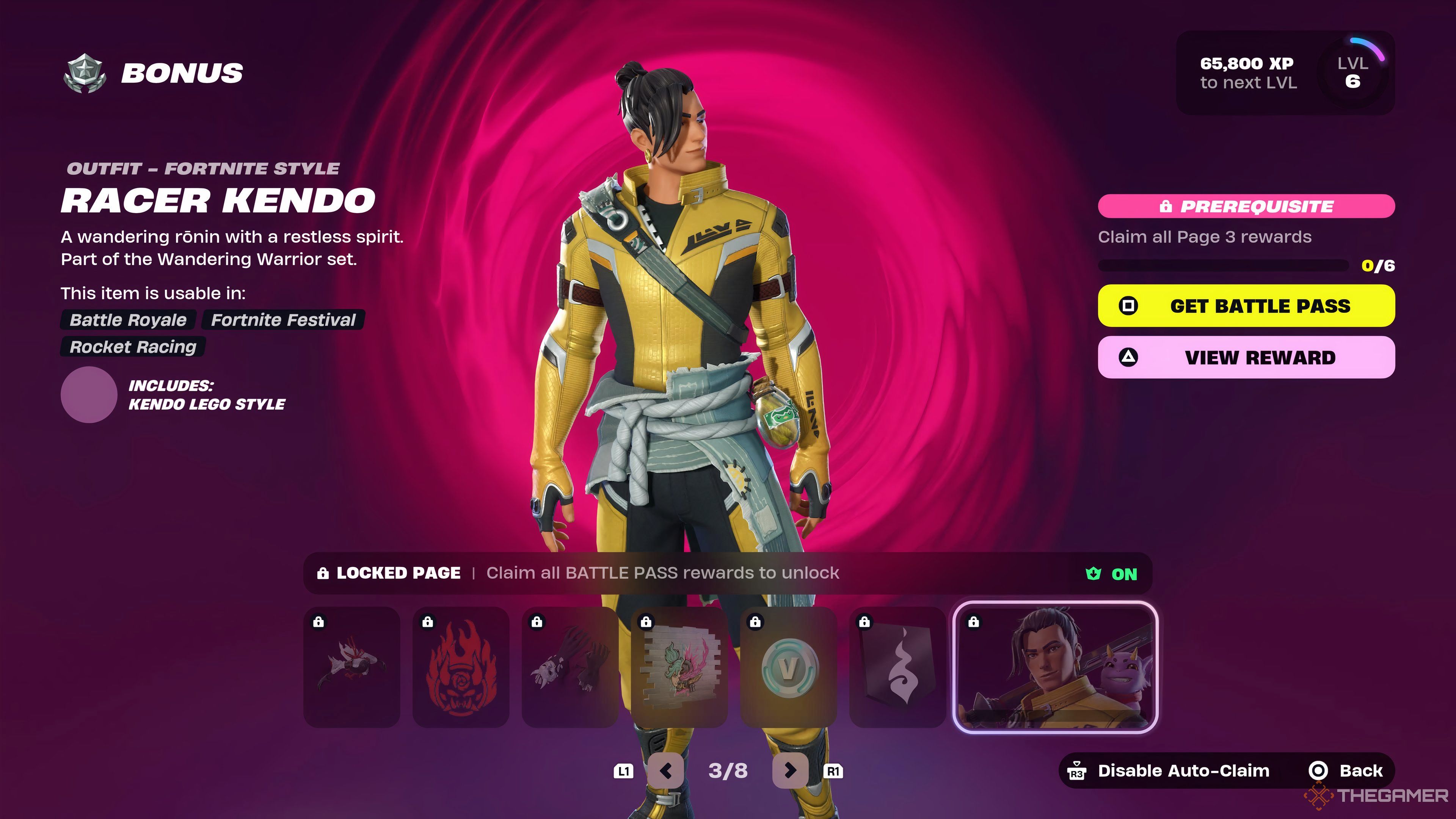 Screenshot of Racer Kendo who is the third unlockable skin in the bonus set of Fortnite Chapter 6 Season 1.