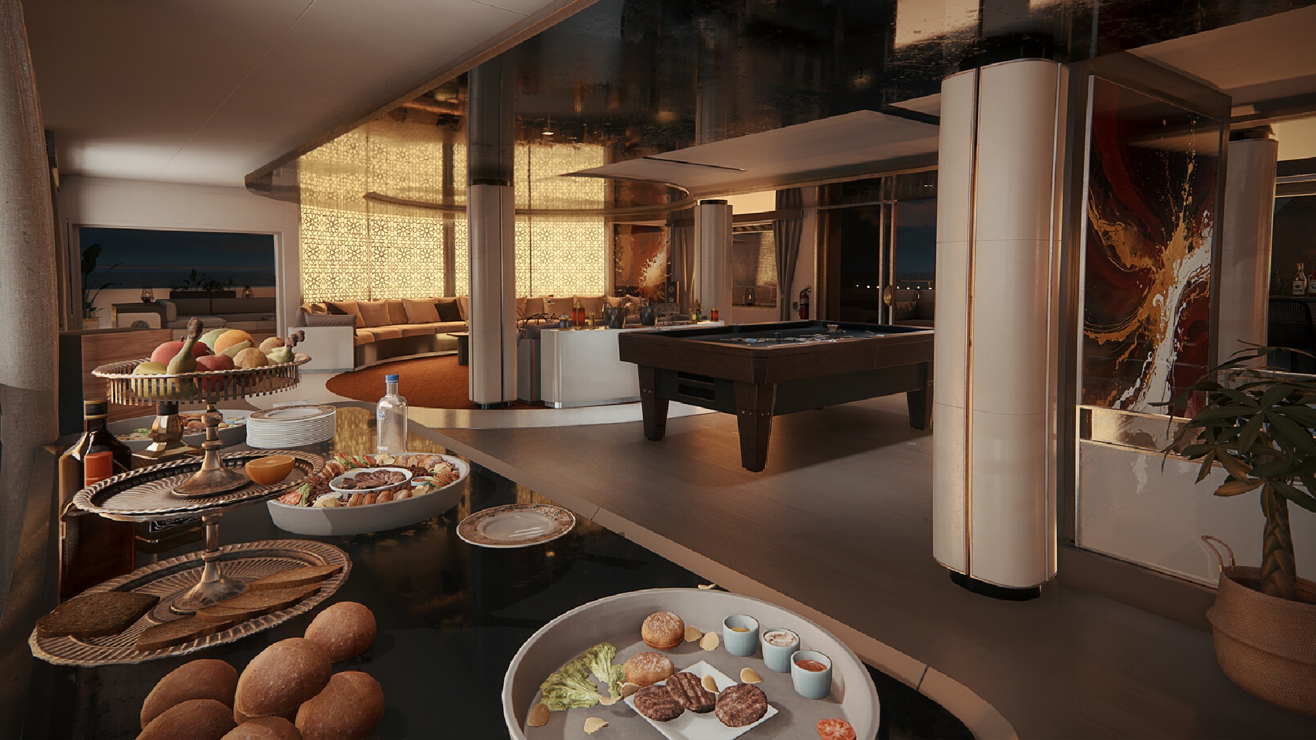 Ready or Not: A screenshot of a buffet inside a luxury yacht