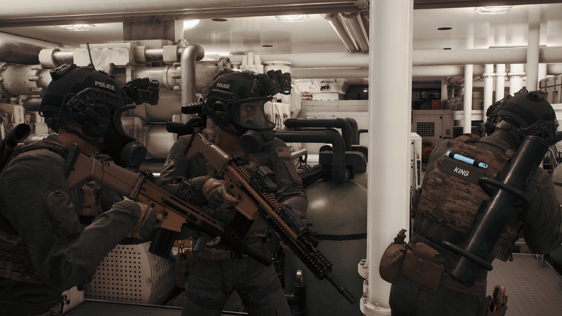 Ready or Not: Three SWAT officers patrol the engine room of a boat