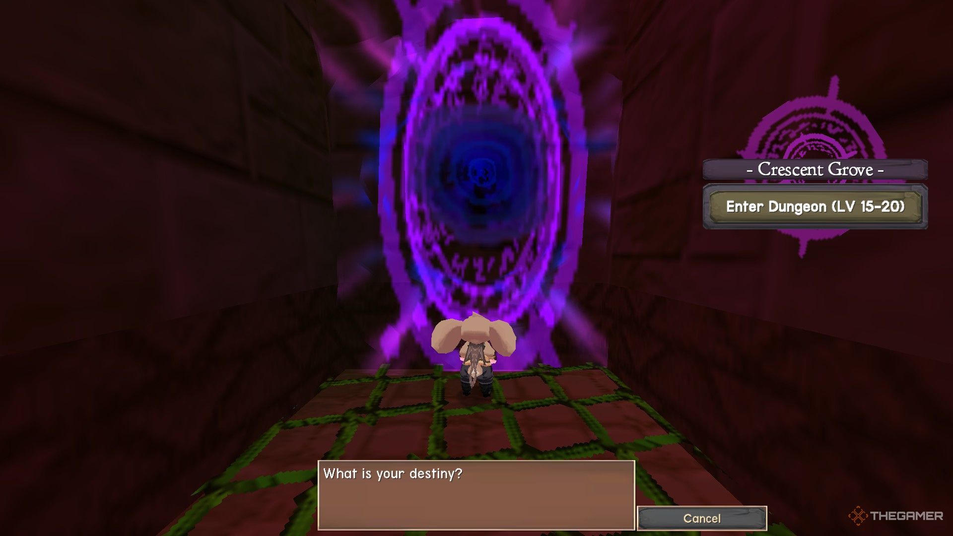 The image shows that the player is selecting the Crescent Grove Dungeon stage by interacting with a portal in Atlyss.