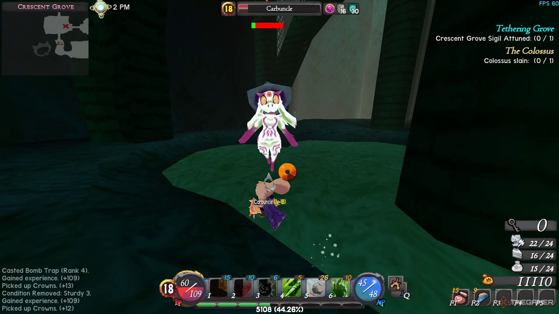 The image shows that the player is fighting against a Carbuncle inside Crescent Grove dungeon in Atlyss.