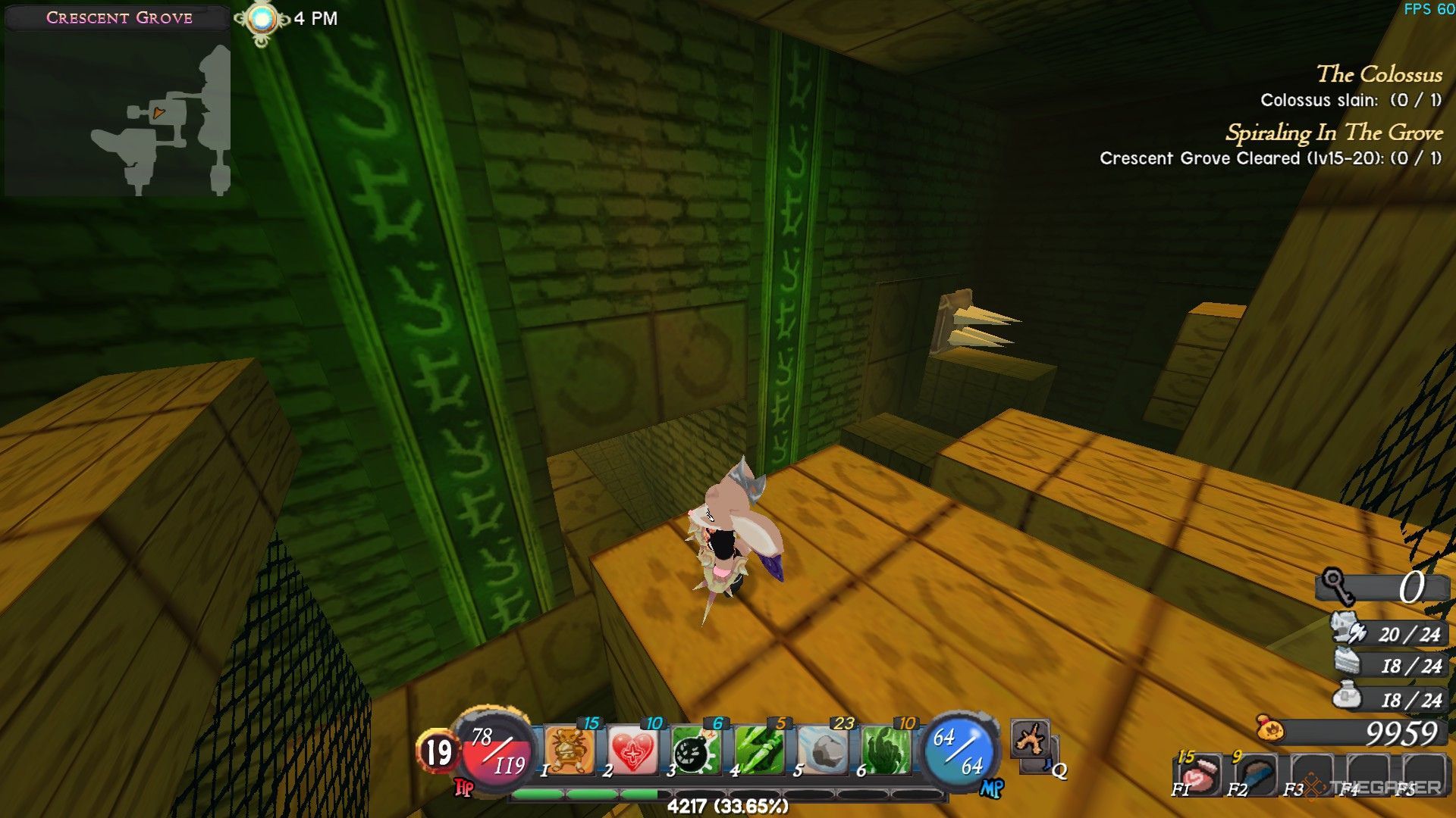 The image shows that the player is standing on a ledge in the Crescent Grove dungeon in Atlyss.