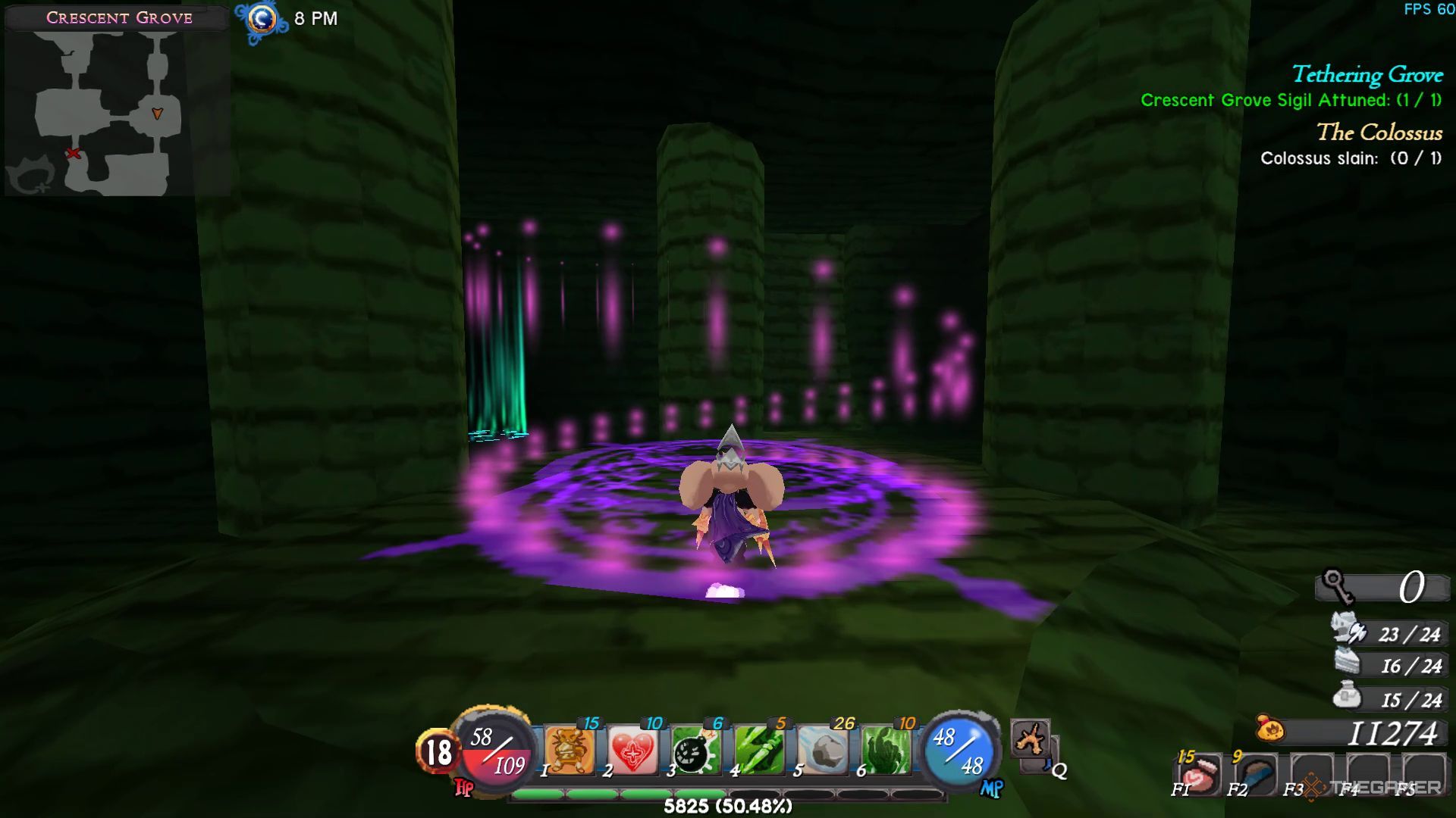 The image shows the purple portal leading to the Colossus inside the Crescent Grove dungeon in Atlyss.