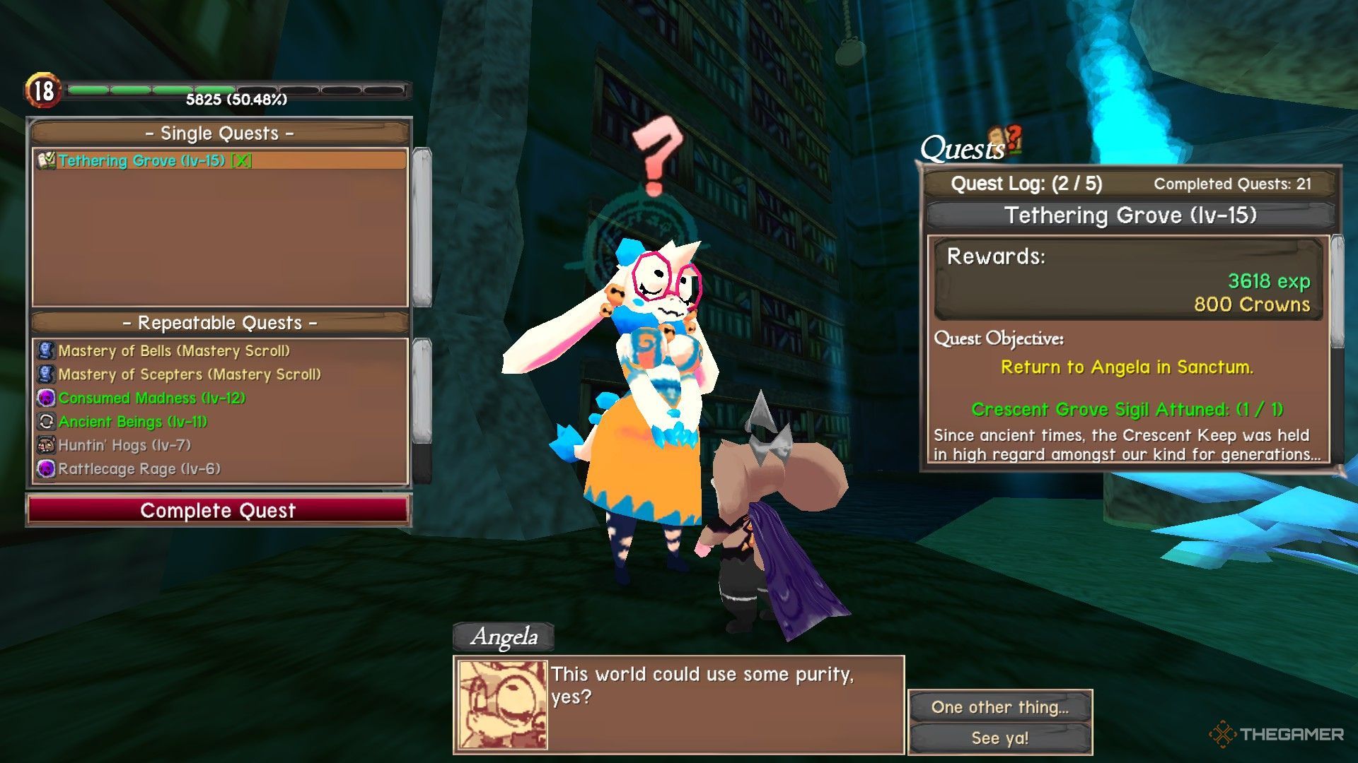 The image shows that the player is talking to Angela to complete the Tethering Grove quest in Atlyss.