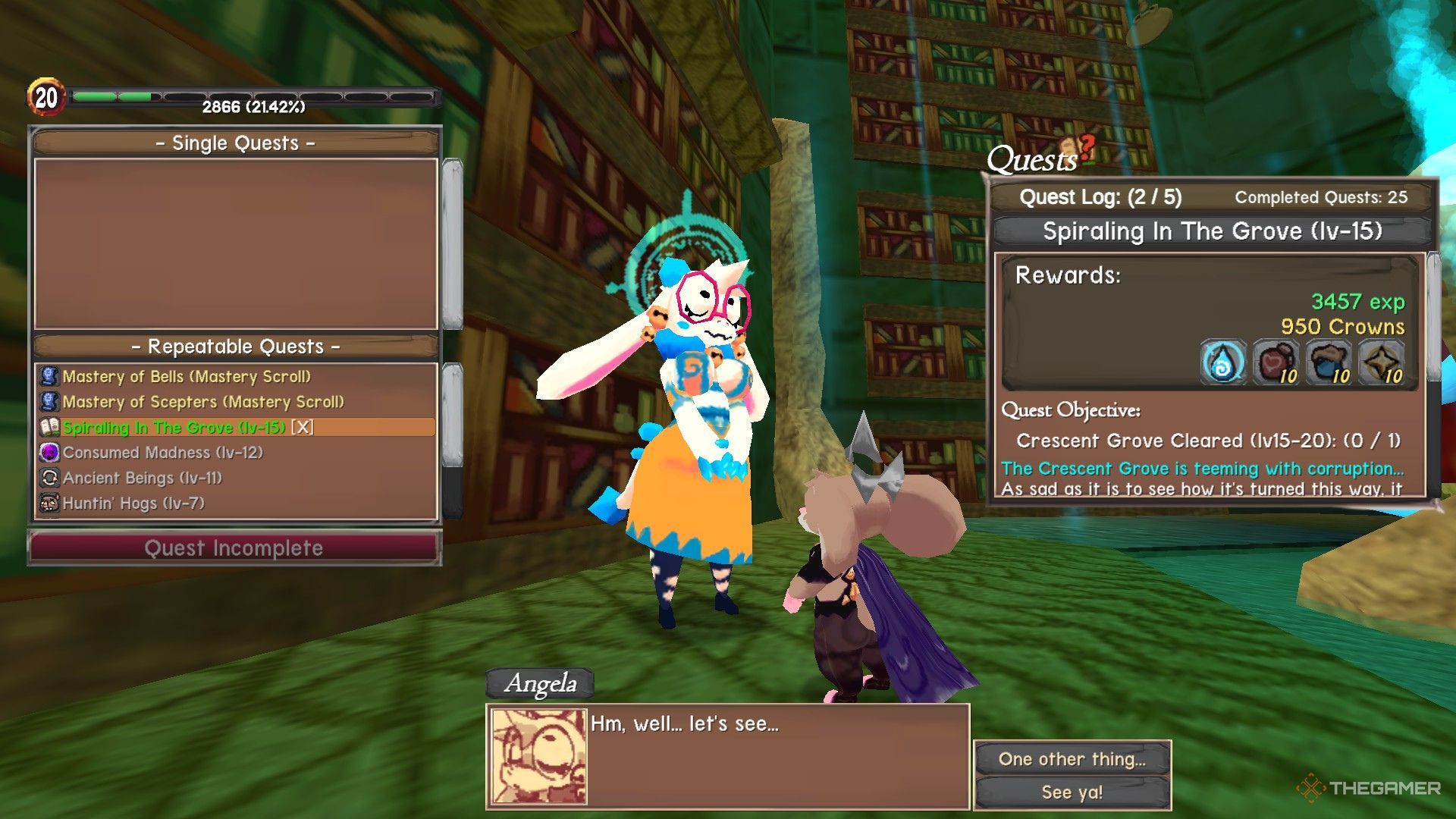 The image shows that the player is talking to Angela to accept the Spiraling In The Grove quest in Atlyss.