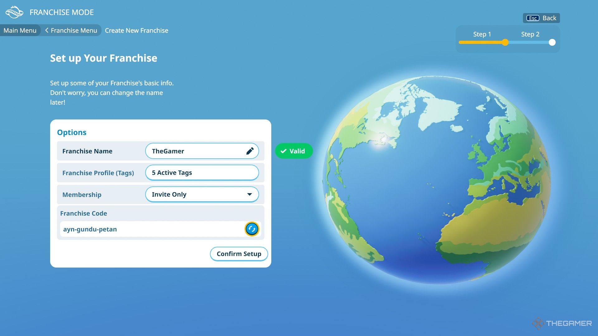 The player is creating a franchise named "TheGamer" in Planet Coaster 2.