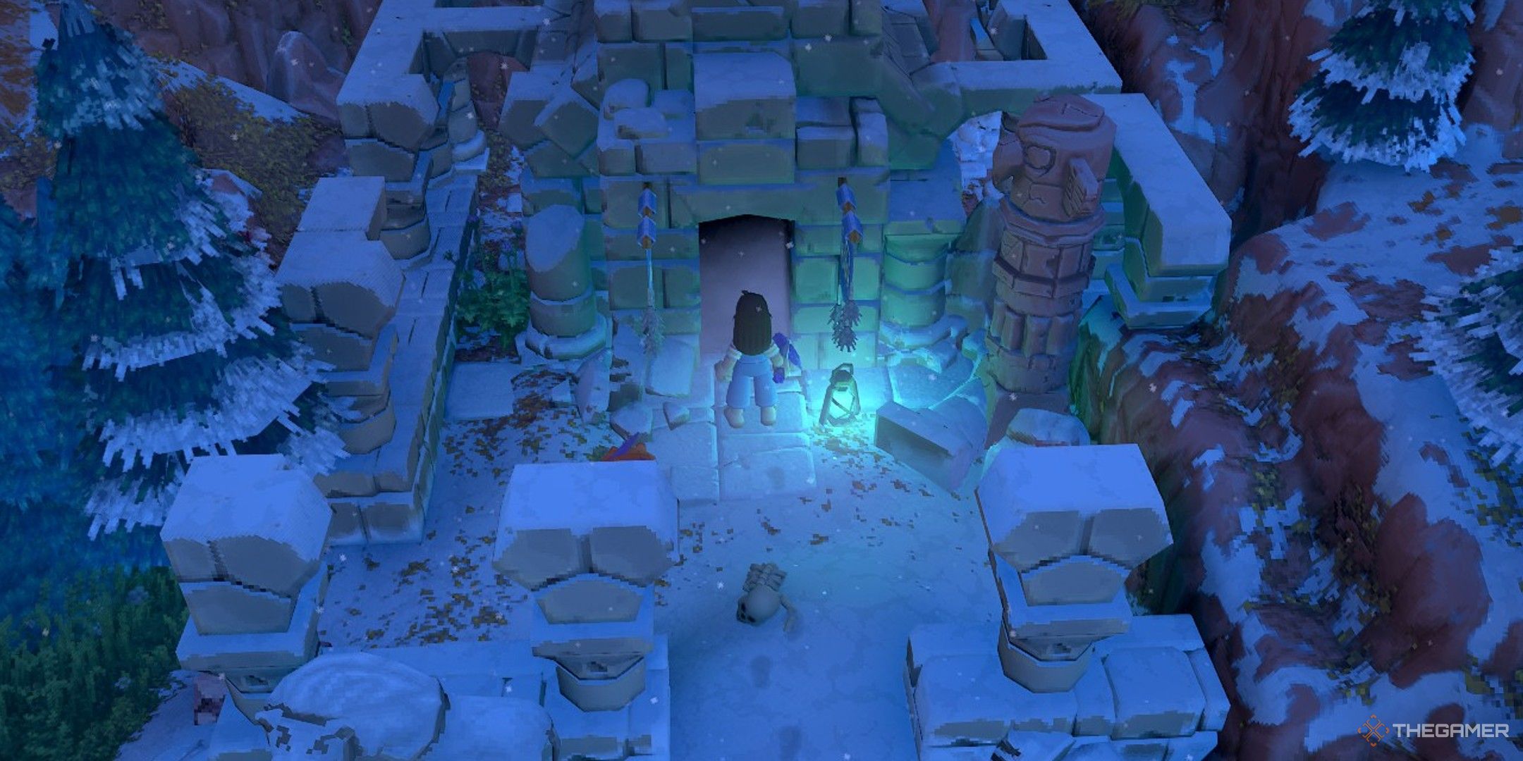 Player character standing outside a Mountain Temple during the night in Luma Island.