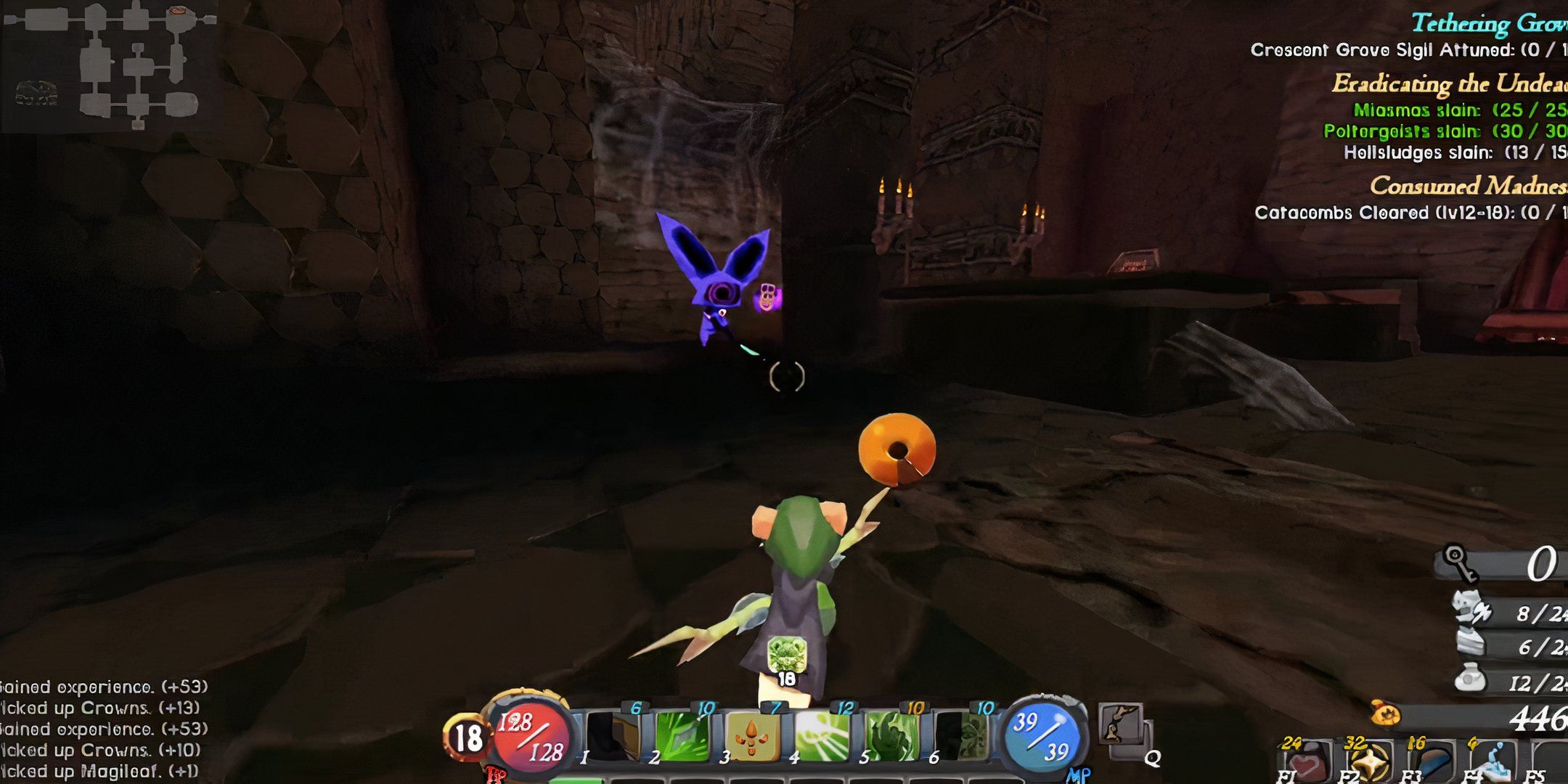 Image of Atlyss Bandit class character battling Killer Miasma and Guardian Poltergeist in the Sanctum Catacombs.