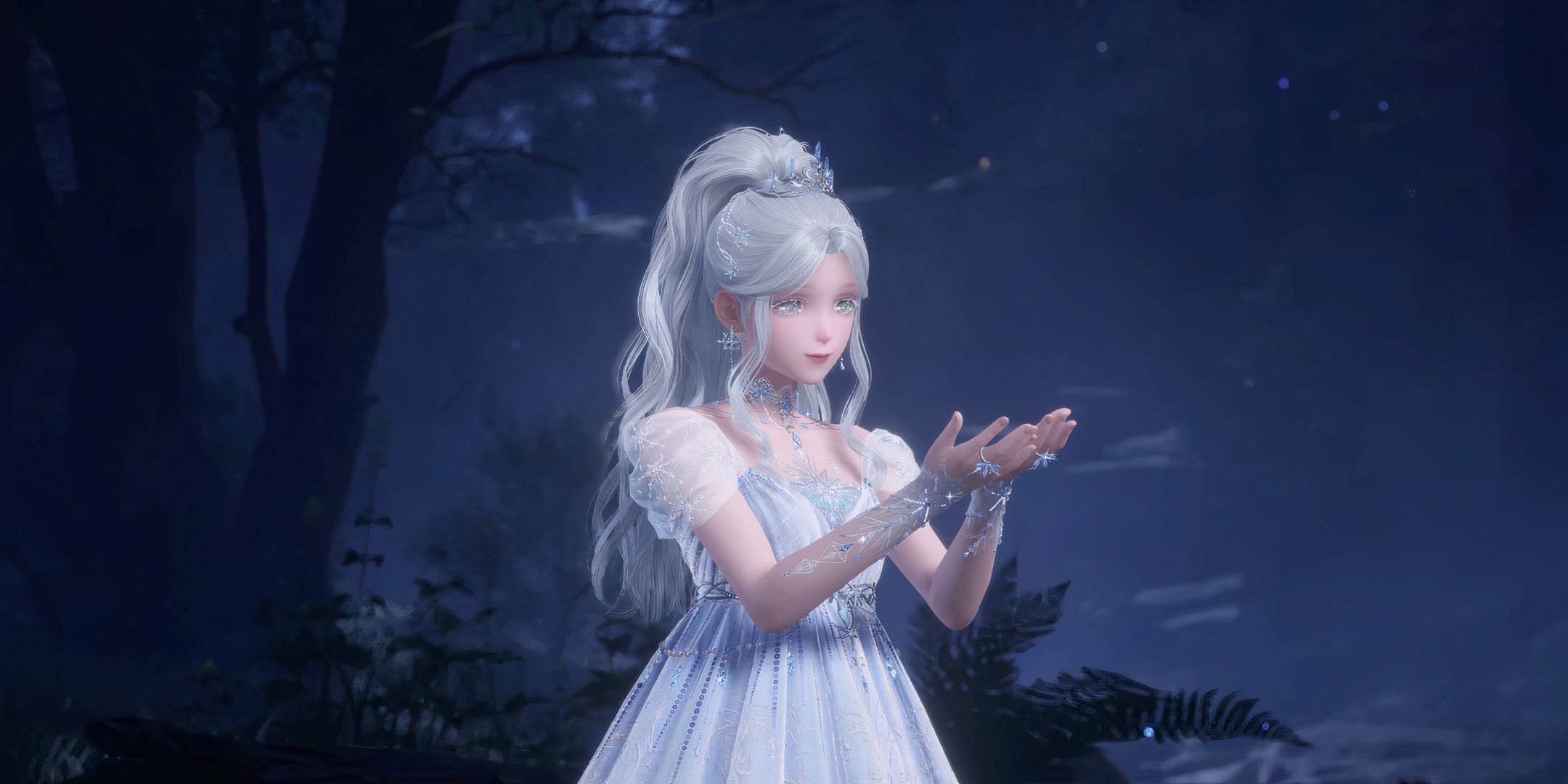 Nikki holding presumably a snowflake in her hands in the dark forest.