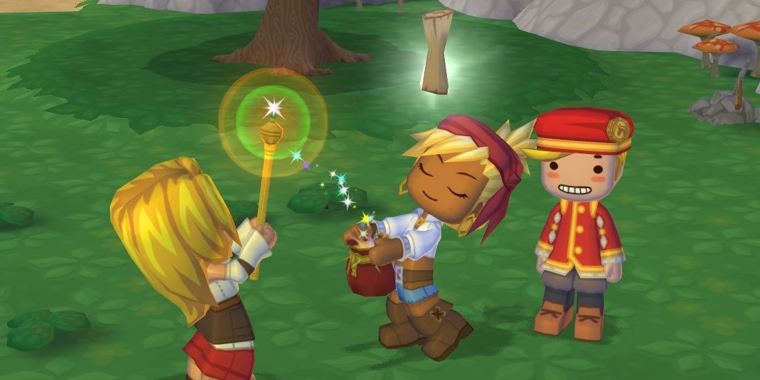 Image of Lindsay giving the player mana while Buddy stand by from MySims: Kingdom.