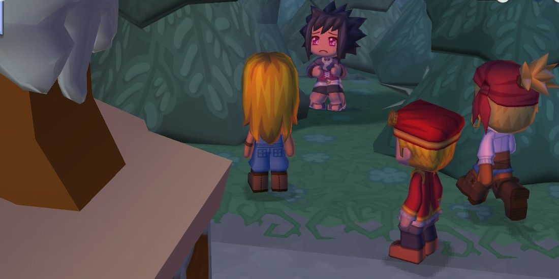 Image of Yuki cowering and Buddy, Player, and Lindsay by her from MySims: Kingdom.