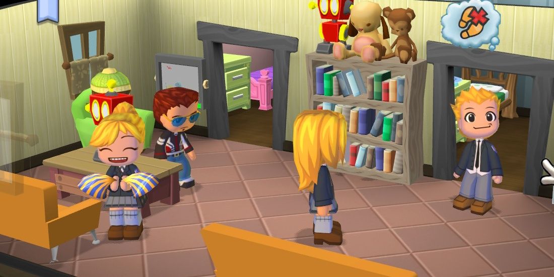 Image of Summer, Chaz, Travis, and the player all standing inside from MySims: Kingdom.