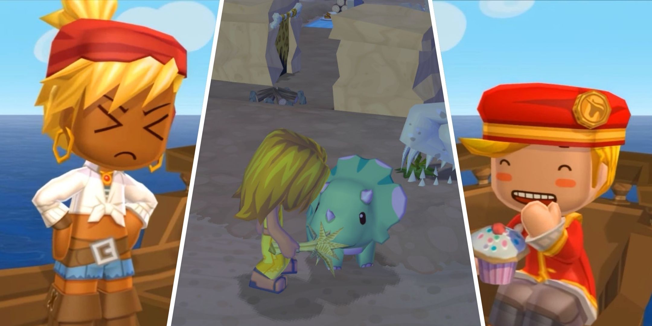 Split images of Lindsay, Player feeding a dinosaur, and Buddy from MySims: Kingdom.