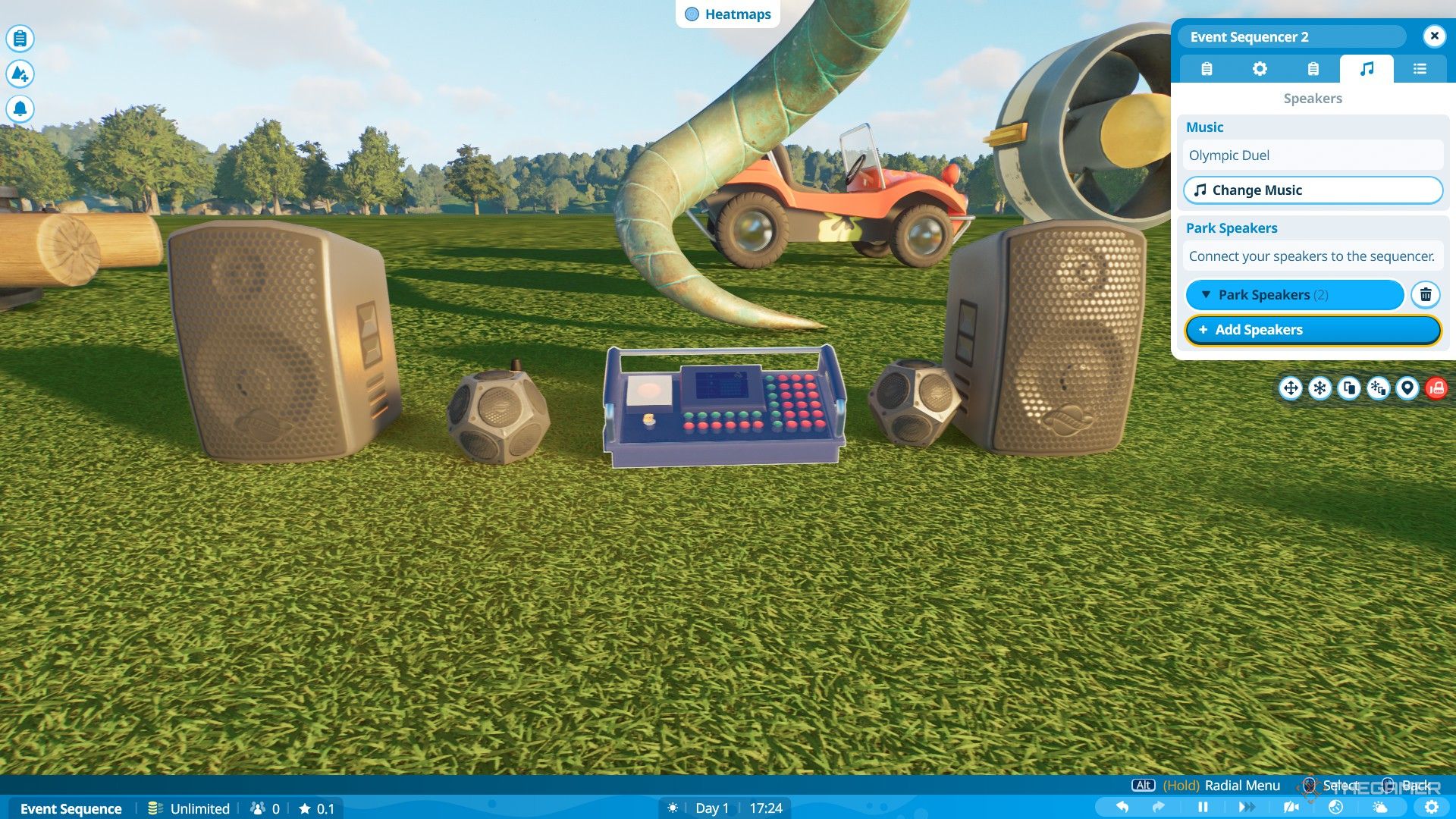 An event sequencer is placed between two speakers in Planet Coaster 2.