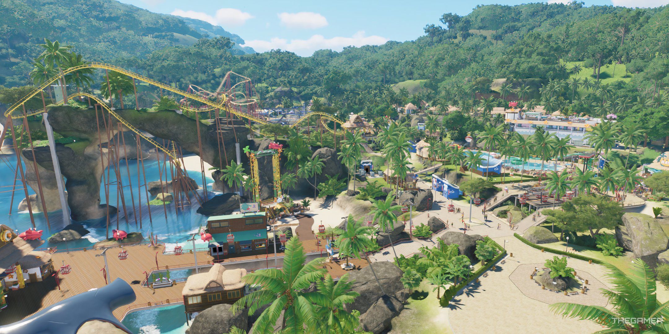 Planet Coaster 2 wideshot of  hybrid park.