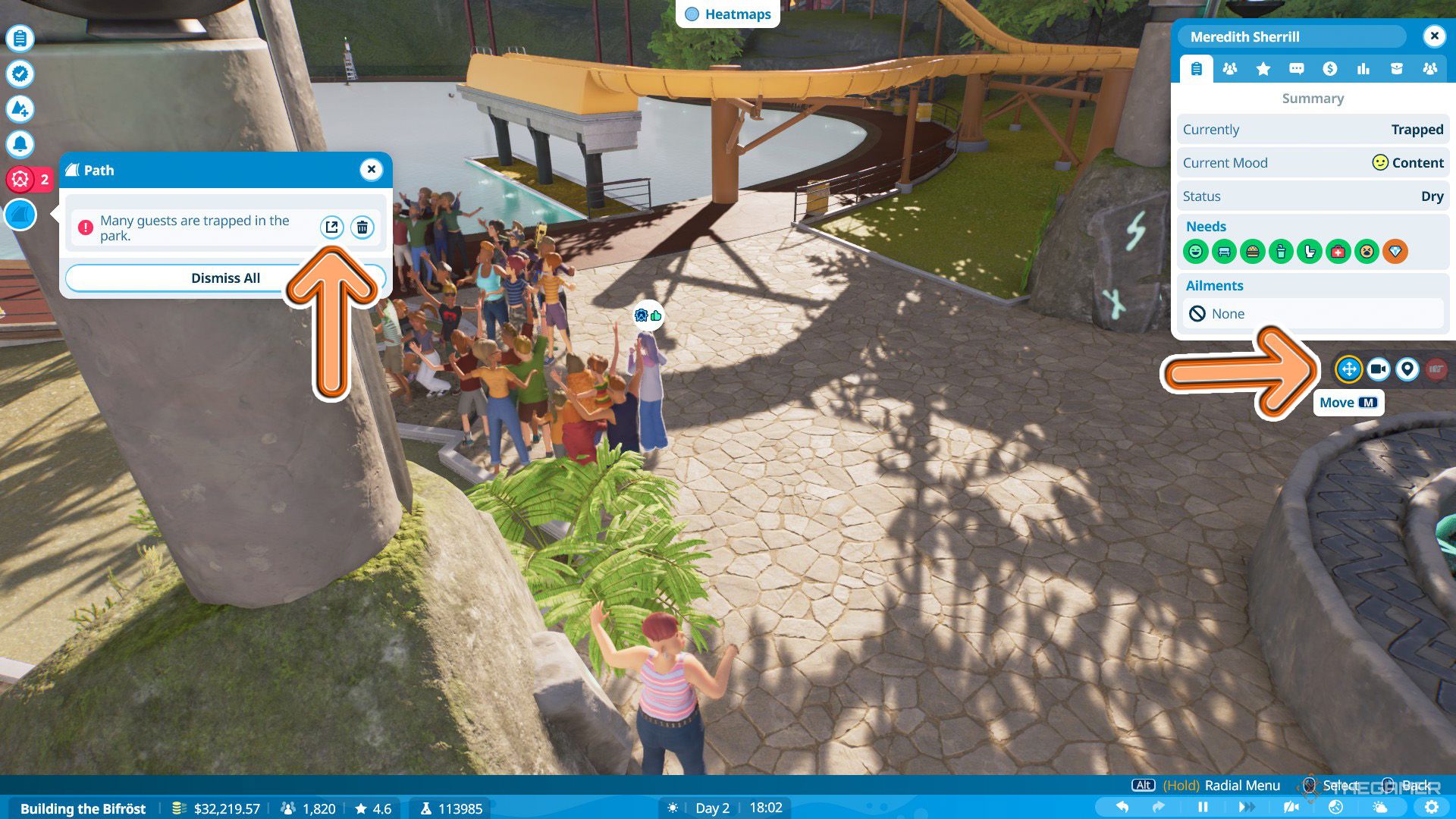 Orange arrows shows the buttons to move a guest in Planet Coaster 2