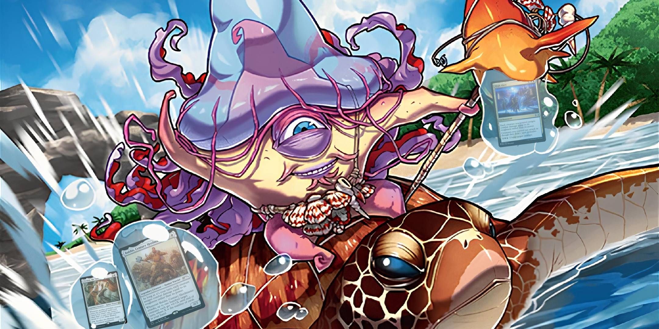 The Wizard Starfish, Plagon, riding a sea Turtle and casting bubbles around some key cards in the deck.