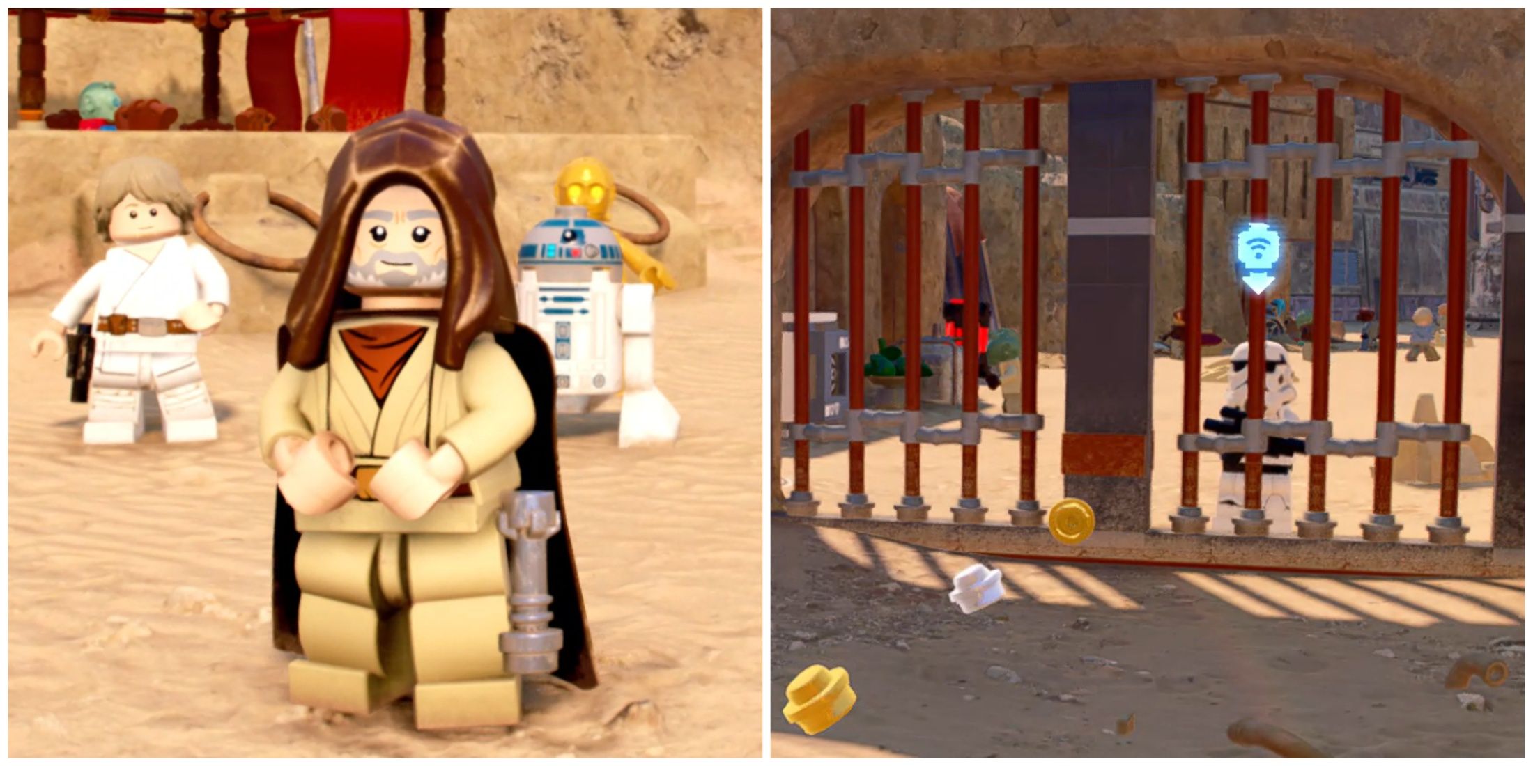 Split image of Ben Kenobi with Luke, R2-D2, and C-3PO and a Stormtrooper that can be manipulated with mind tricks in Lego Star Wars Skywalker Saga