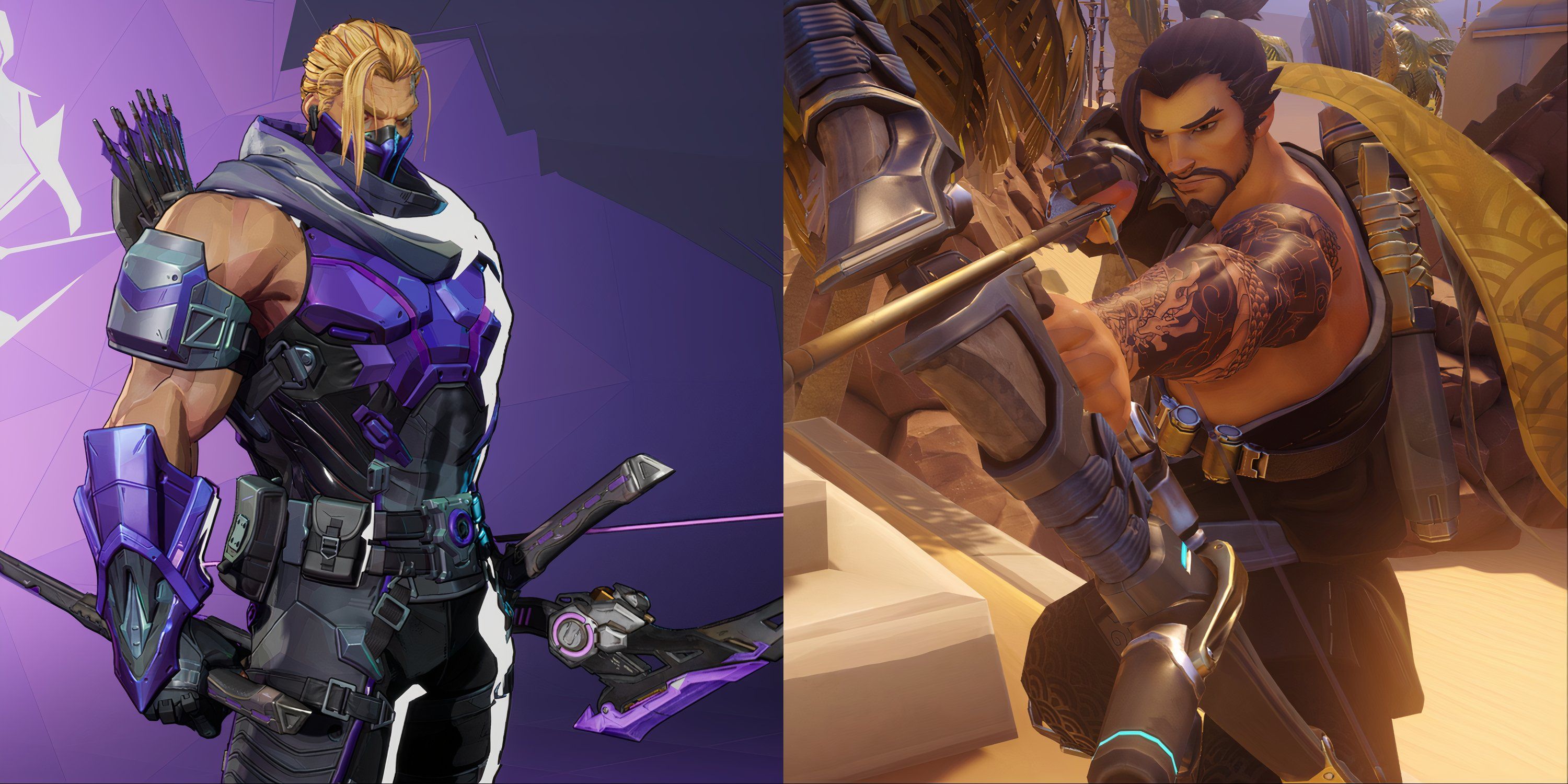 Split image of Hawkeye and Hanzo