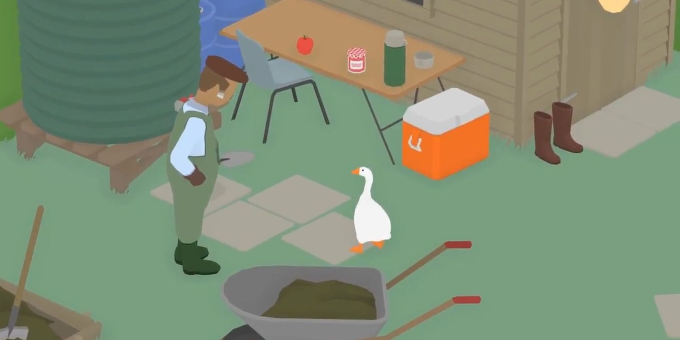 a person standing outside while speaking with a loose goose.