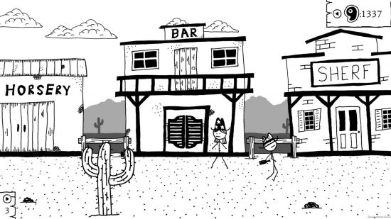 Badly drawn stick people walk about a badly drawn town in western game west of loathing