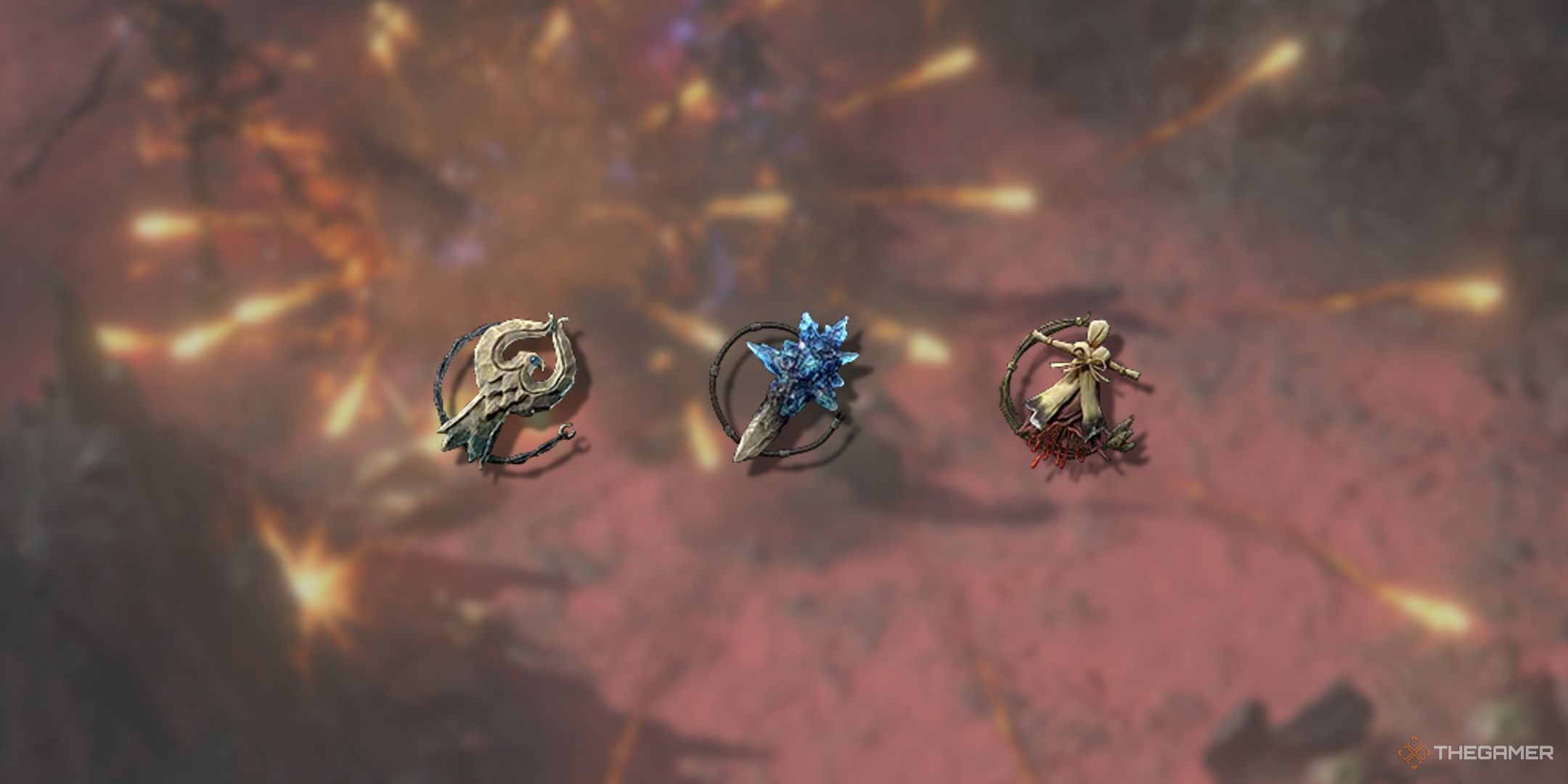 A blurry Path of Exile 2 image with PNGs of three charms.