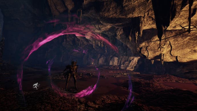 A large knight leans forward to scream at the player, her scream is deadly and is shown as a series of swirling purple circles in the air.