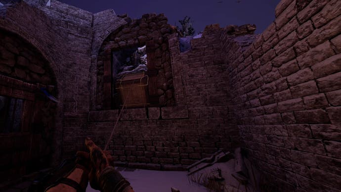 Rot covered arms can be seen pulling on a taught rope as the player yanks a wooden crate from a high ledge using their grapple.