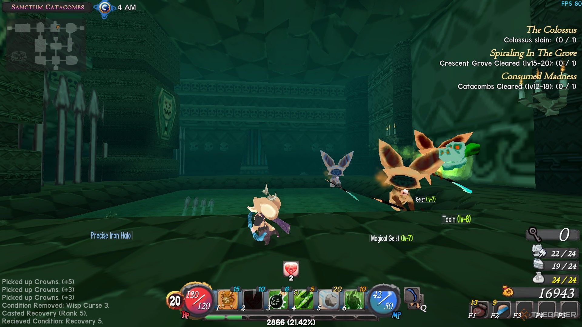 The image shows the player fighting against several enemies in the Sanctum Catacombs stage two in Atlyss.