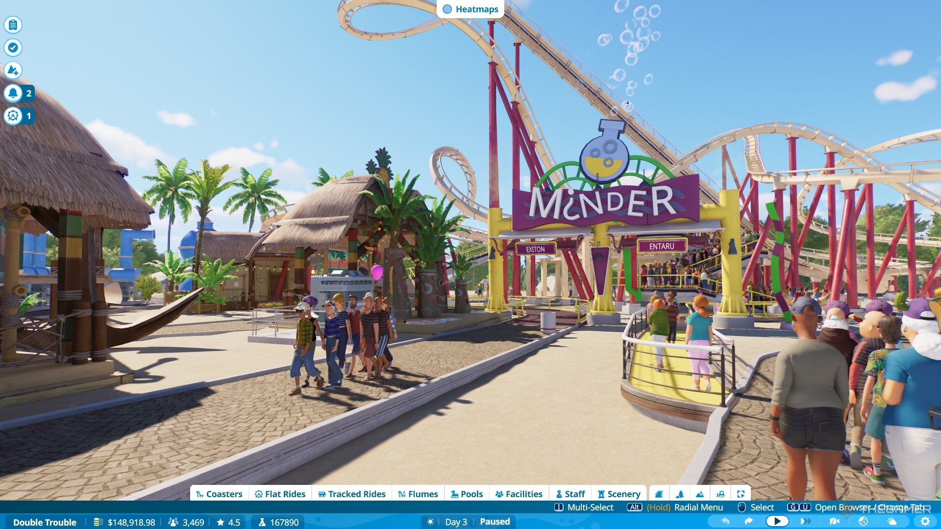 The player builds a coaster named 'Minder' in Planet Coaster 2.