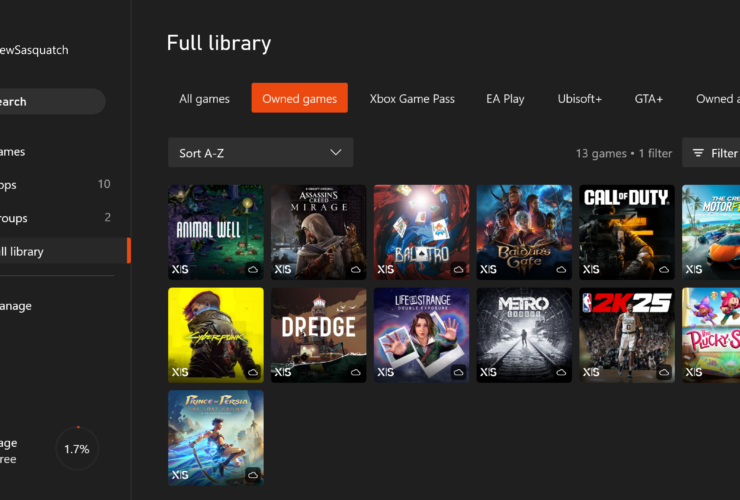 The full library in My games and apps on Xbox consoles showing cloud gaming icons on game art tiles.