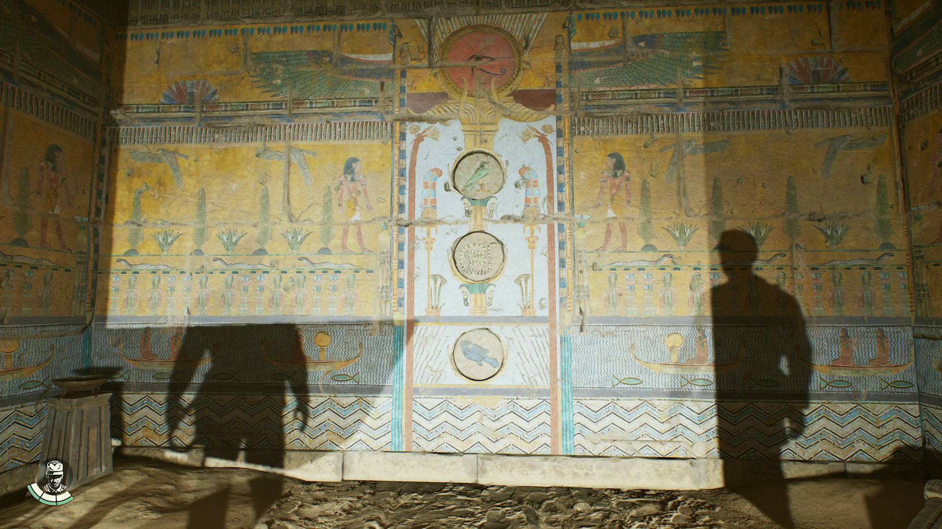 Indiana Jones and the Great Circle Secret of the Queen Mother stone glyphs with animals on them set into ancient Egyptian mural