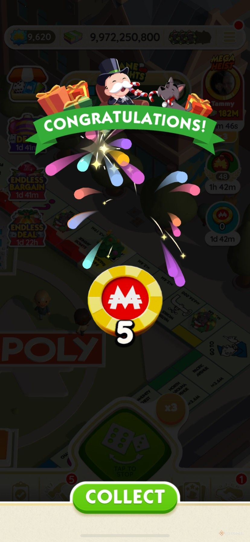 Earning five free Peg-E Prize Drop chips in Cane Delights in Monopoly Go.