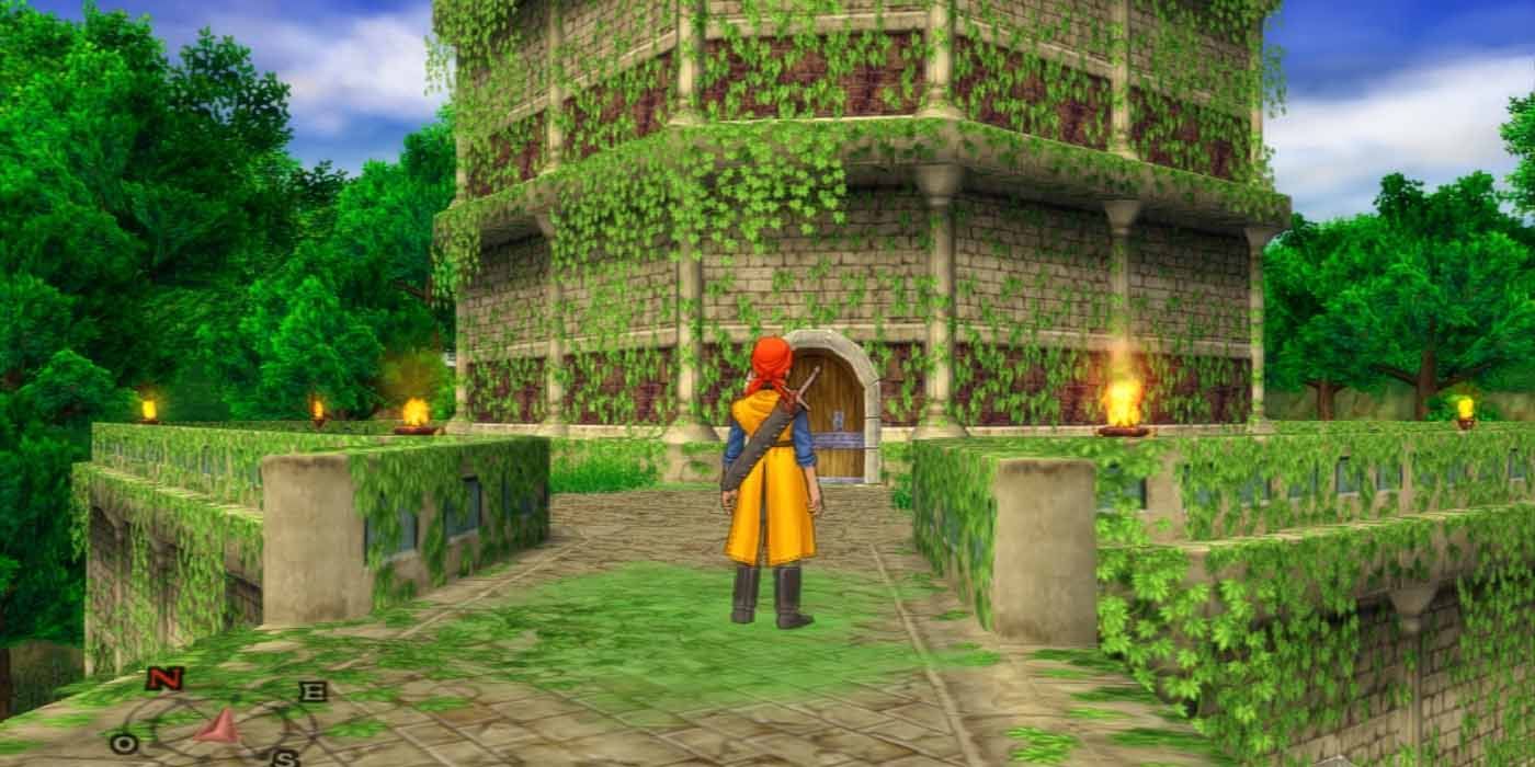 Dragon's Quest 8: Journey of the Cursed King for the 3DS. The protagonist approaches an interesting building.