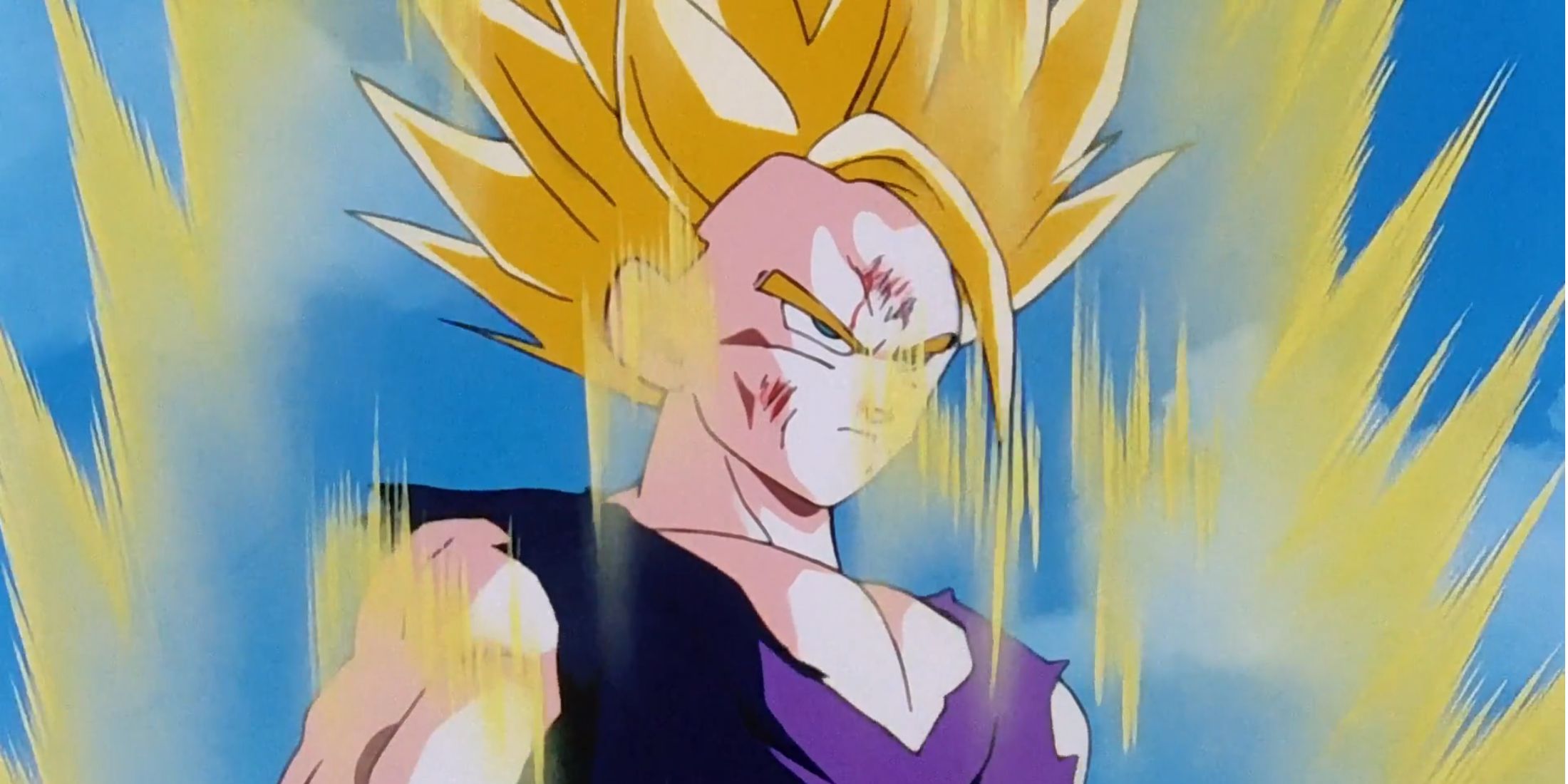 Gohan transforms into a Super Saiyan 2 against Cell in Dragon Ball Z (1989-1996)