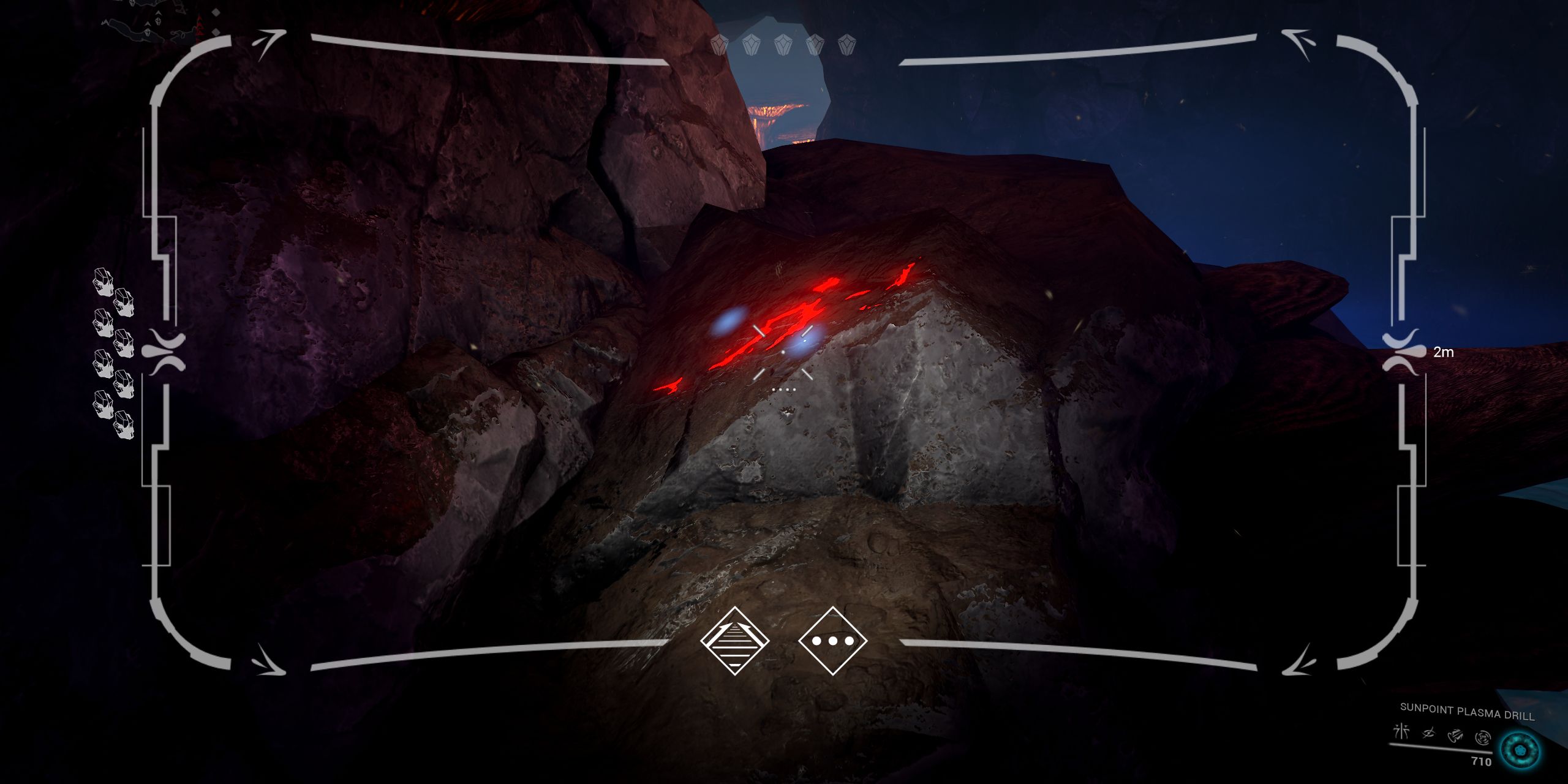 A Laser mining pistol pointing at a red mineral vein in Warframe.