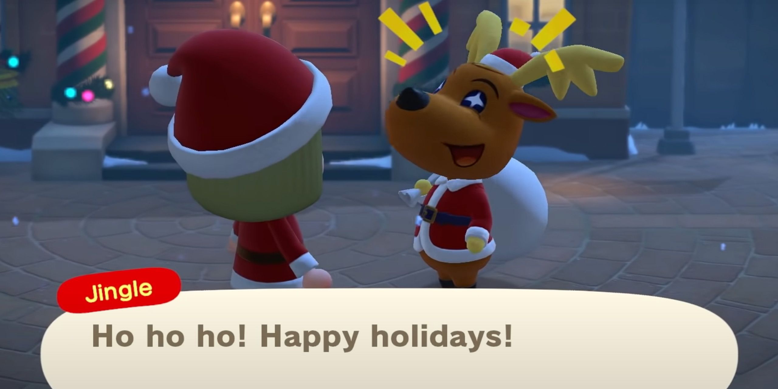 Jingle from Animal Crossing New Horizons wishing the villager happy holidays.