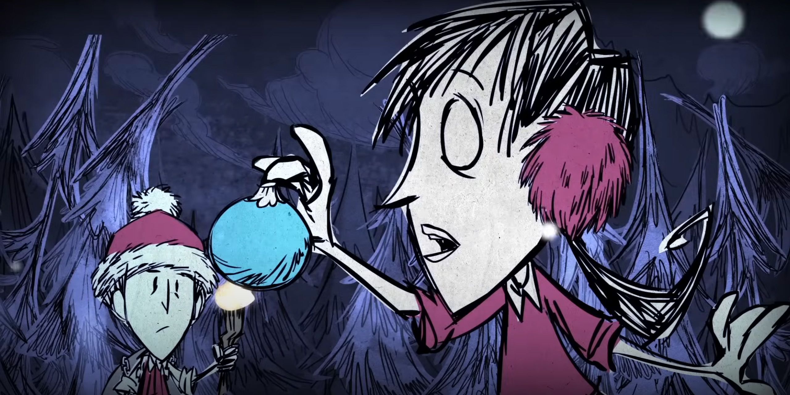 A screenshot from Don't Starve Together in which Willow holds a blue Christmas ornament while Wilson stands in the background.