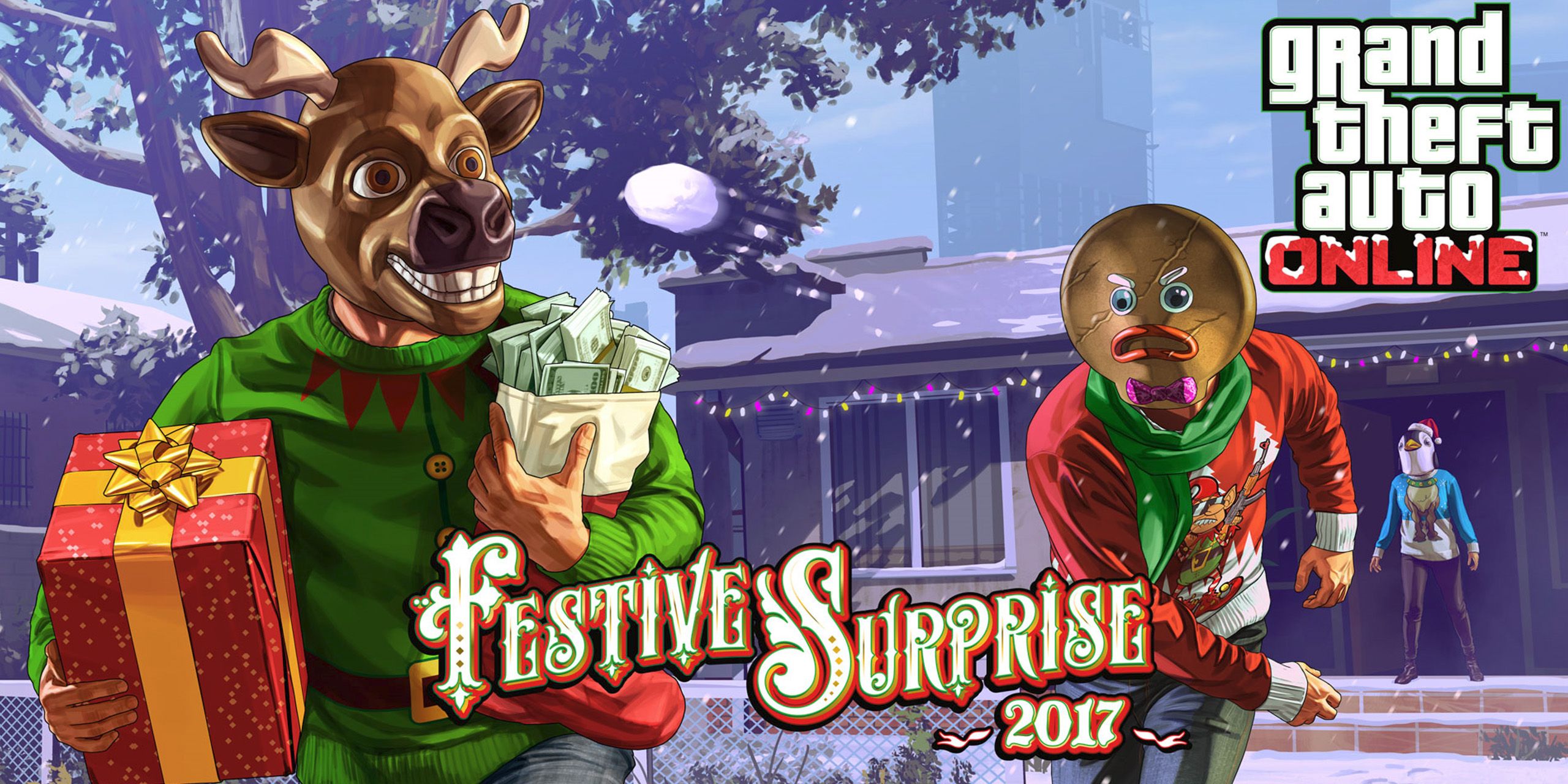 A gingerbread man throws a snowball at a man in a reindeer mask from Grand Theft Auto 5.