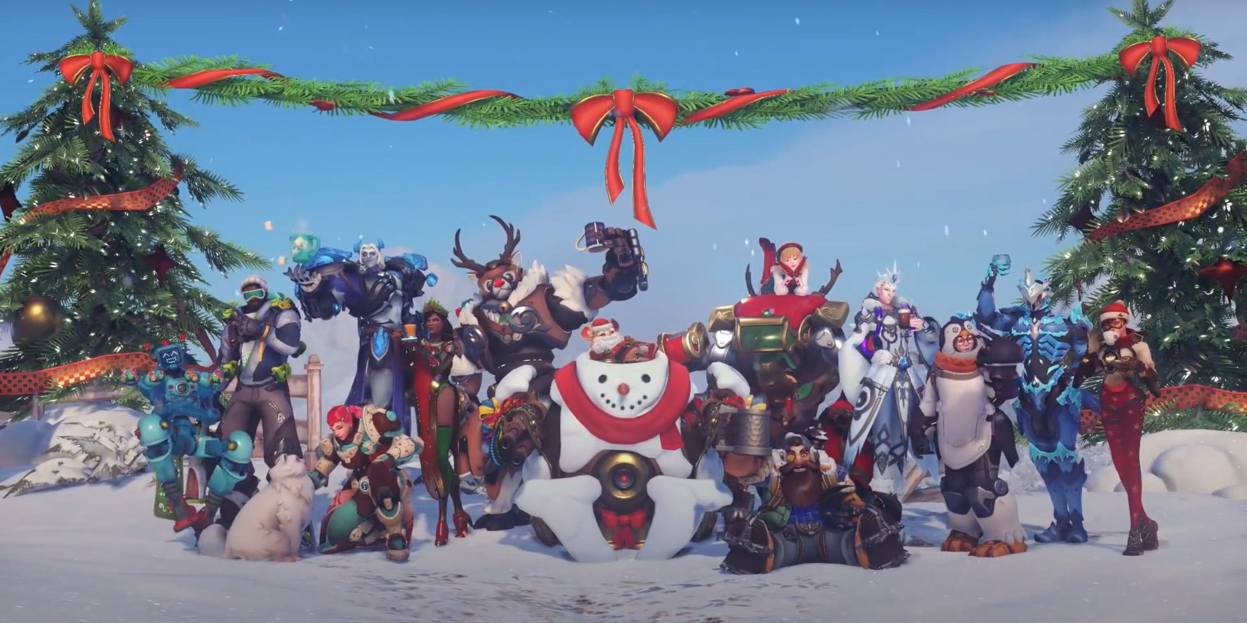 The cast from Overwatch wearing Christmas outfits in the snow.