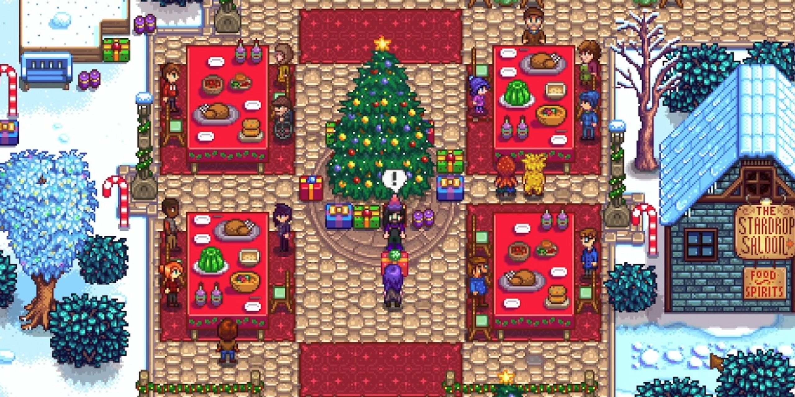 The farmer from Stardew Valley standing in the middle of the Feast of the Winter Star.